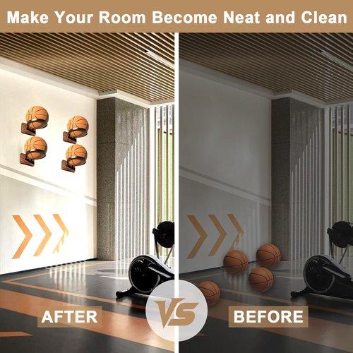 TJWZXX 4 Pcs Wood & Metal Wall Mount Basketball Holder, Ball Storage Holders Display Rack, for Basketball, Soccer, Volleyball, Football, Rugby, Boys Room Decor