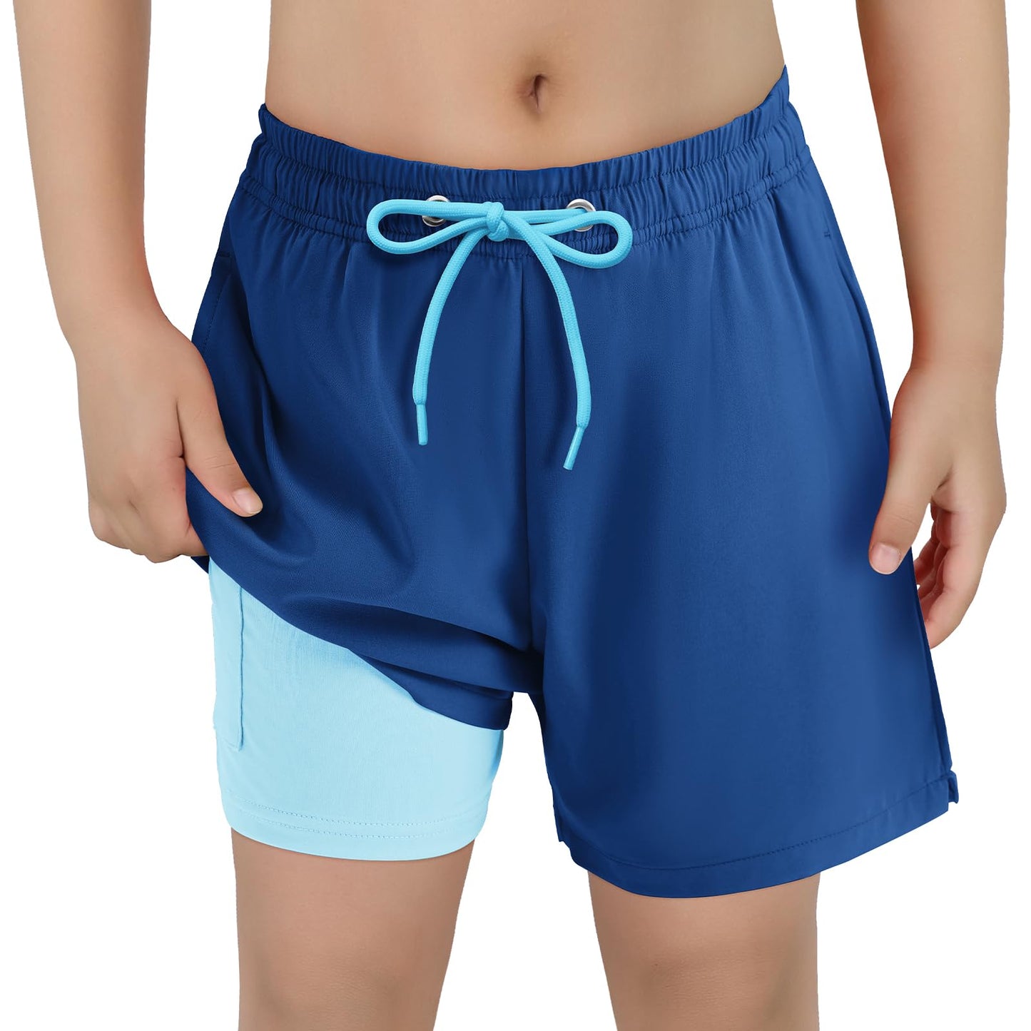 Boys Swim Trunks with Compression Liner Boys Bathing Suit High Stretch Youth Swimsuit Quick Dry Light UPF 50+ Kids Swim Shorts Dark Blue 10-12 Years