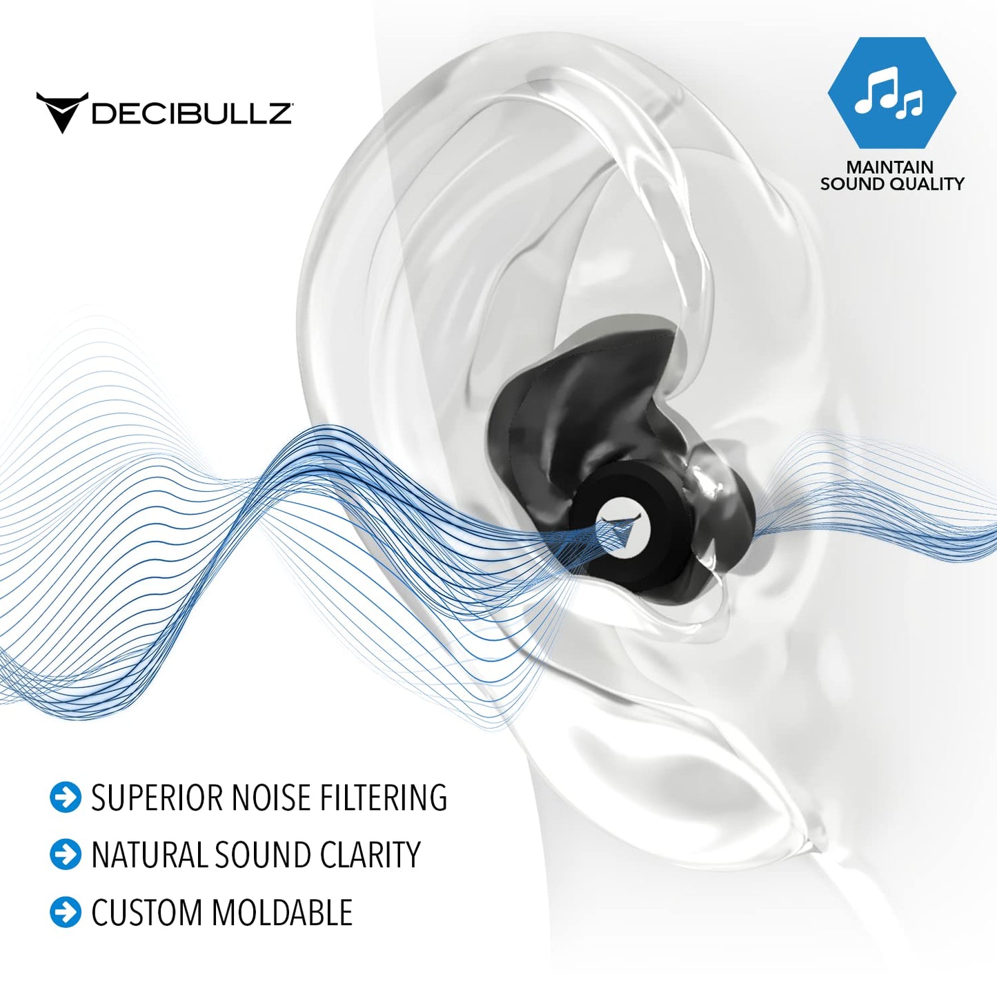 Decibullz Moldable Ear Plugs for Concerts, High Fidelity Hearing Protection for Noise Reduction & Sensitivity, Noise Cancelling Earplugs Perfect for Musicians, Recording Artists, Festivals