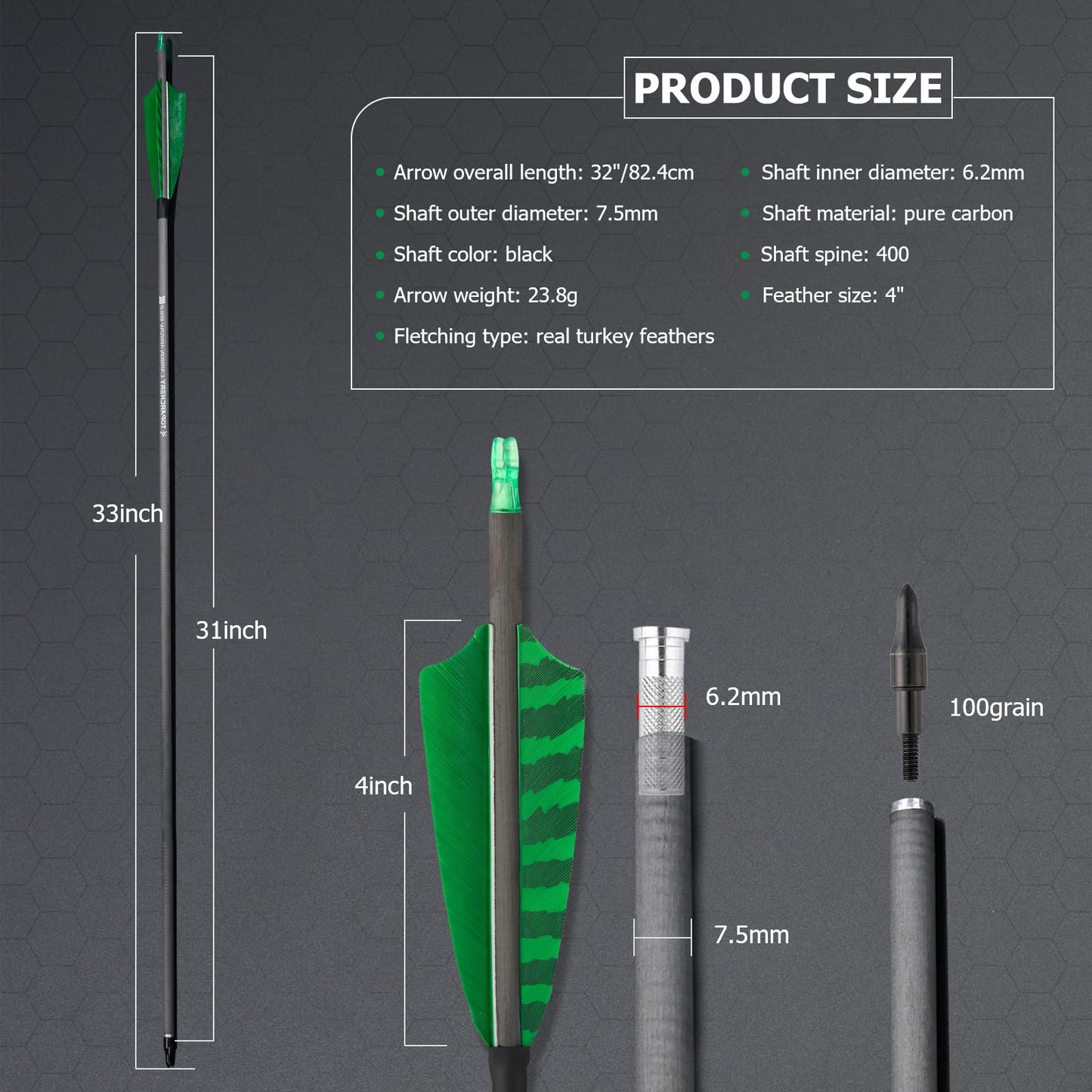 TOPARCHERY Premium 31" Carbon Hunting Arrows with Selected 4" Real Turkey Feathers Fletching and Removable Tips - 400 Spine Practice Target Arrows for Compound & Recurve Bow - 12Pcs (Green&Black)