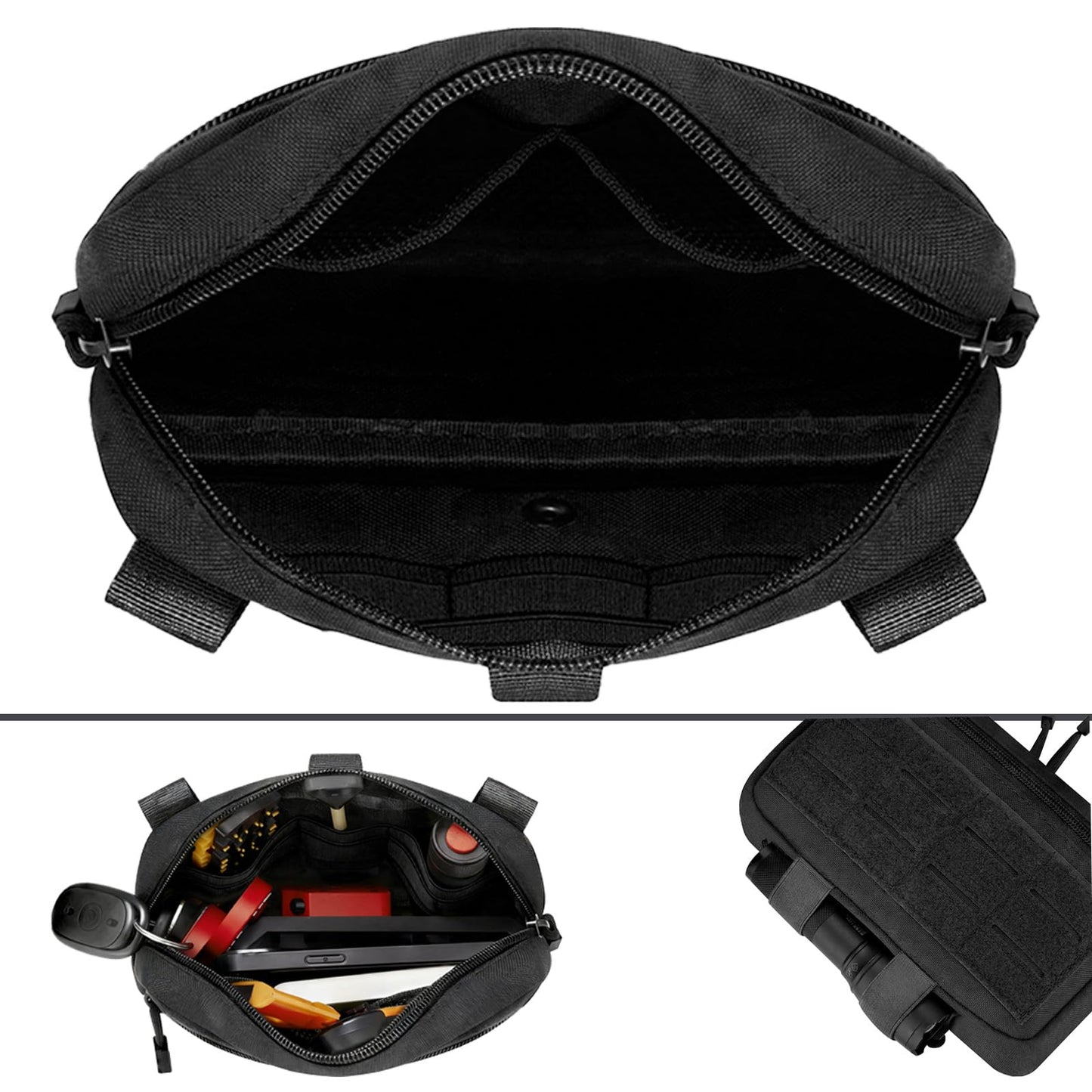 Tactical Molle Admin Pouch with 2 Keychains & US Flag Patch - Laser Cut EDC Modular Pouch for Outdoor, Survival, Daily Carry (Black)