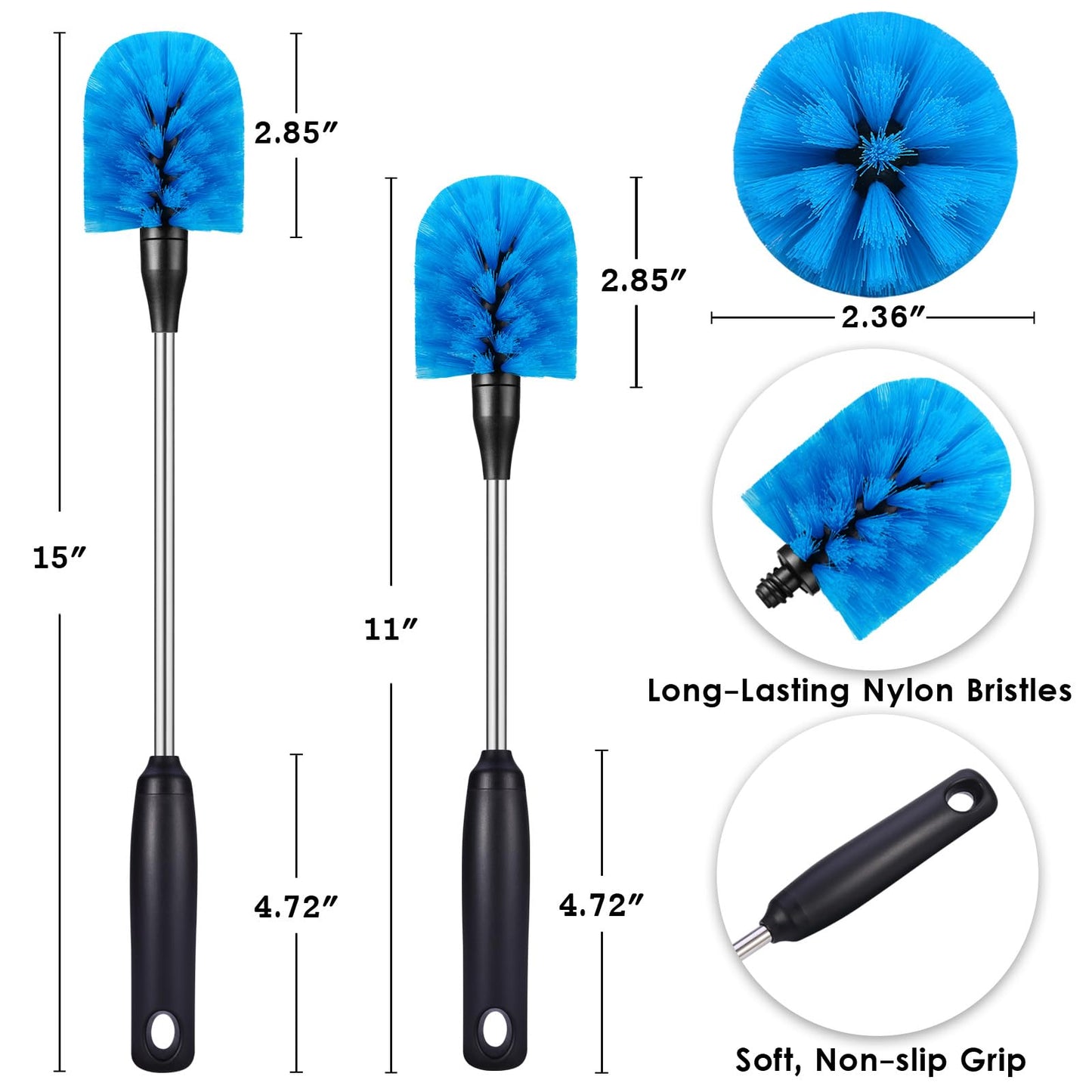 MOSOLAN Stainless Steel Bottle Brush with Replaceable Head, 2 Pack Long Handle Scrubbing Brush for Water Bottles, Glasswares, Mugs, Flasks, Tumblers, Vases, and Kitchen Sink, Blue, 15 in