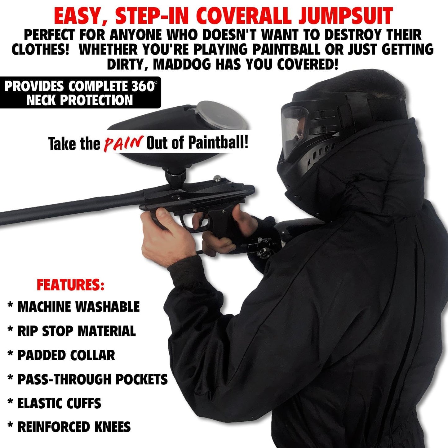 Maddog Durable Ripstop Step-In Coveralls | Full Body Paintball, Airsoft, Mechanic, Outdoor Work Protective Wear Jumpsuit - Tactical Black - Large