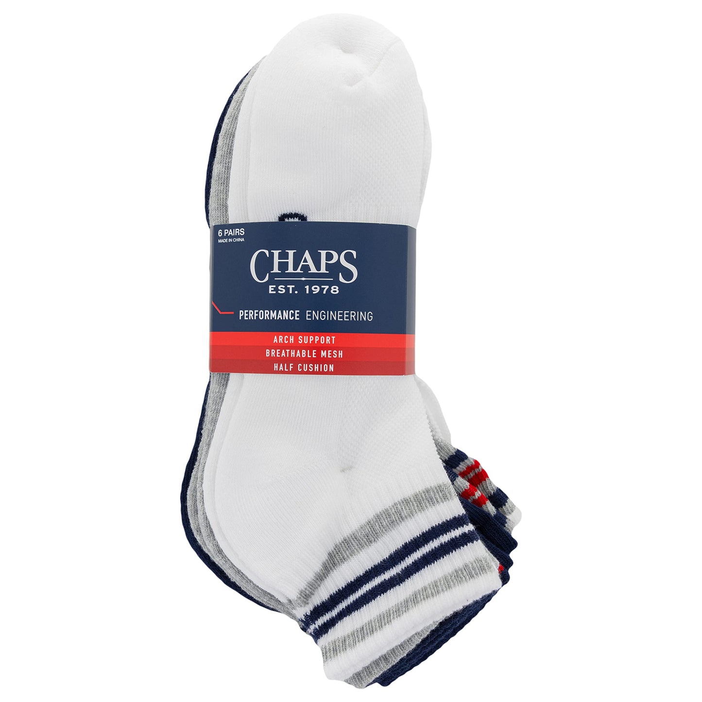 Chaps Sport Cushioned Repreve Athletic Socks-6 Pair Pack-Breathable Front Mesh and Arch Support, Racing Stripe, Men's Shoe Size: 6-12