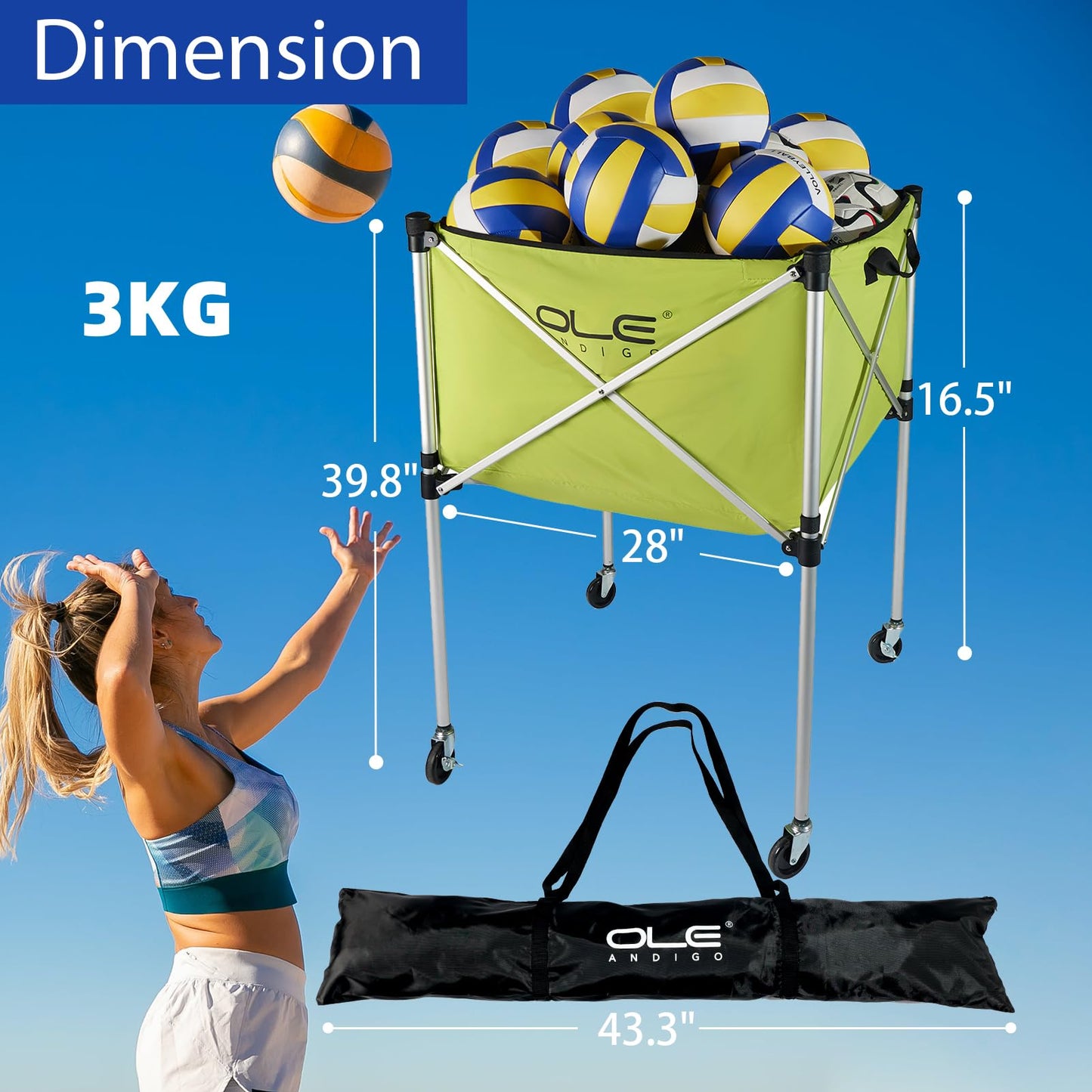 OLE ANDIGO Ball Cart,Volleyball Ball Cart with Wheels 26 Balls Portable Ball Cart,Ball Storage,Collapsible Sports Ball Equipment Cart for Volleyball, Rugby,Soccer【 Indoor Outdoor】