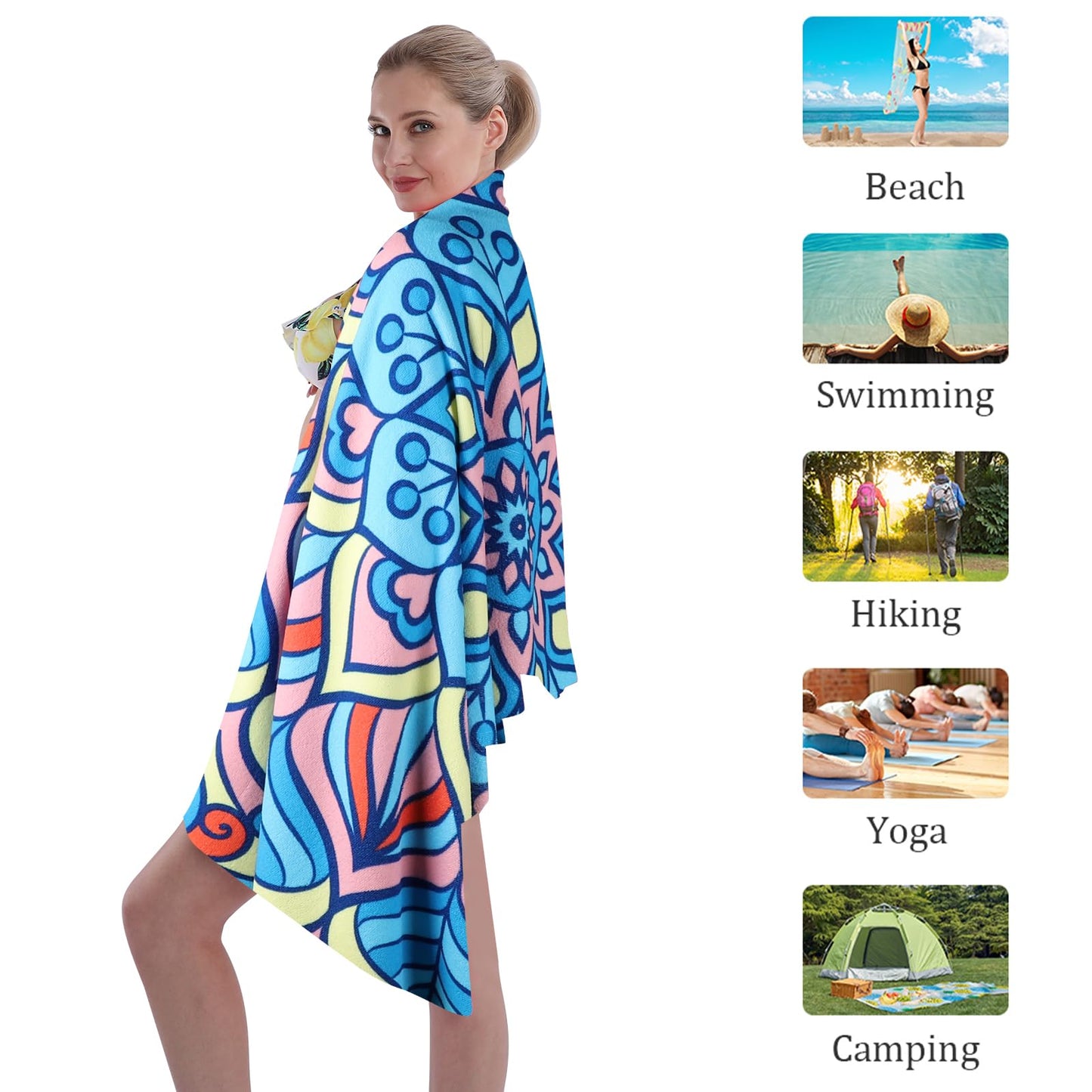 Auxory Beach Towel Microfiber 60"x30" Lightweight Sand Free Quicy Dry Blue Mandala Travel Towels Swim Pool Yoga Gym Camping for Women Men Girls Kids Beach Essentials Accessories Vacation Gift