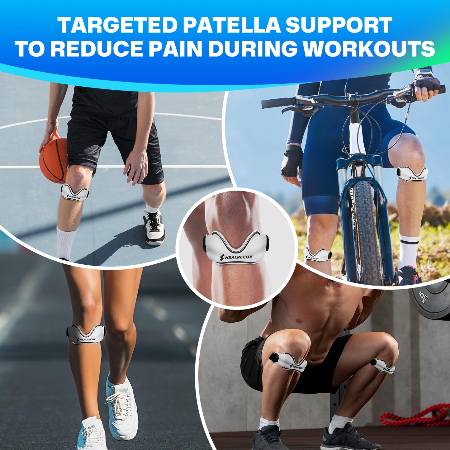 Healrecux Patellar Tendon Support Strap, Silicone Patella Knee Strap, Non-Slip Patella Band Knee Brace for Jumpers Knee, Tendonitis, Basketball, Volleyball - White 1 Pack