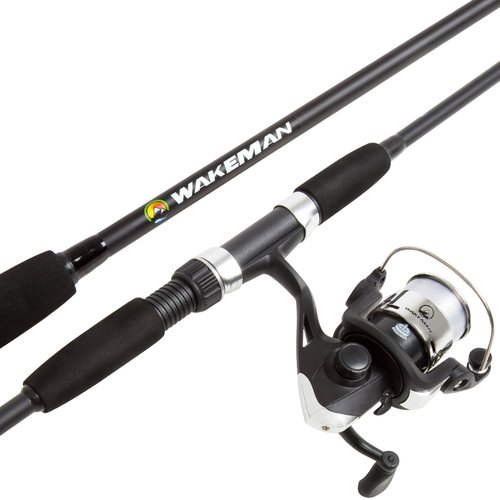 Fiberglass Fishing Rod ??Portable 2-Piece Medium Action 65-Inch Pole with Size 20 Spinning Reel for Lake Fishing by Wakeman (Matte Black)