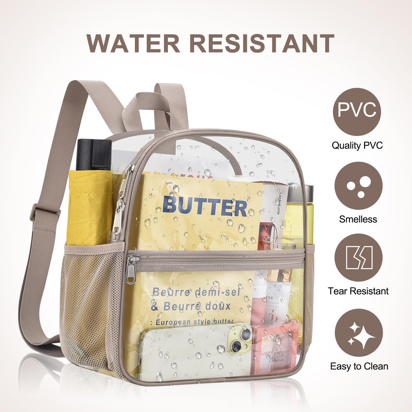 Slumou Clear Backpack for Stadium Events 12x12x6 Sports Backpack Mini Small for Fan, Concert, Beach, Work, Travel & Sporting（Khaki）