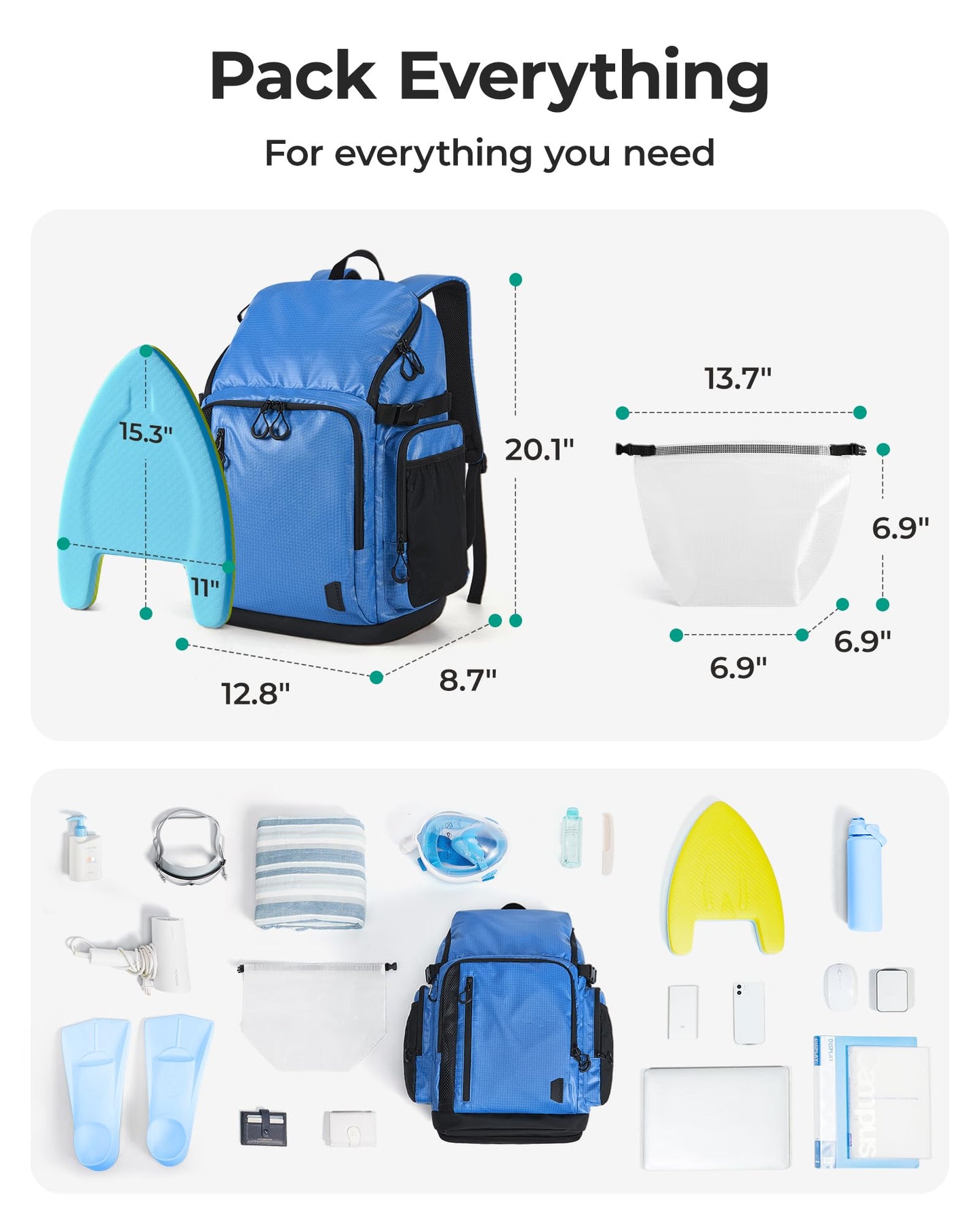 BAGSMART 35L Waterproof Swim Gym Bag with Shoe Compartment & Wet Pouch