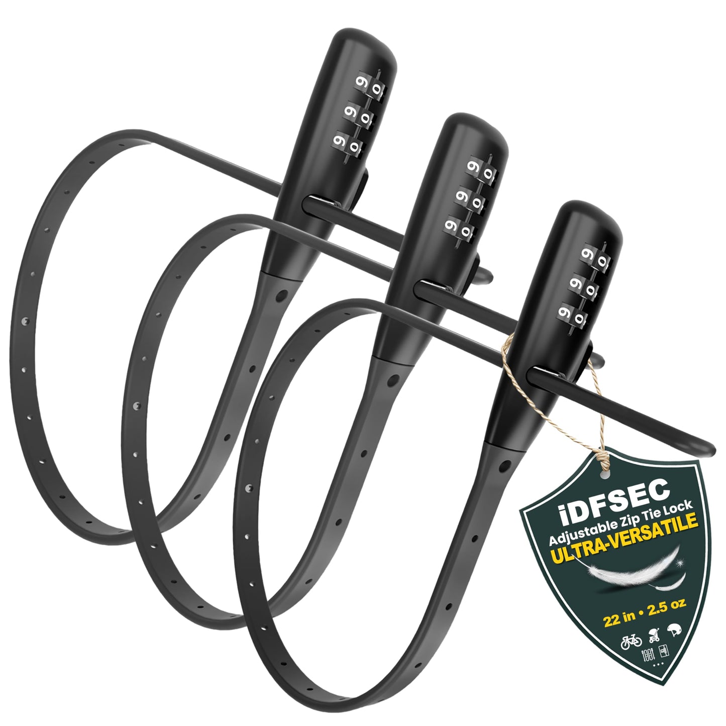 iDFSEC Zip Tie Bike Lock, Adjustable Cable Lock with Stainless Steel Core - Multi-Purpose Cable Lock for Securing Bike Rack, Helmets, Skis, Snowboards, Gates (3/Pack, Black)