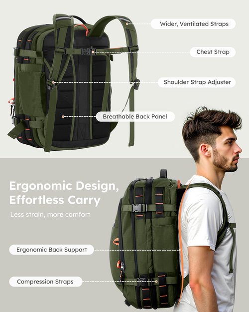 Tolaccea Travel Backpack, TSA Friendly Flight Approved Carry-on Luggage Water-resistant Business Rucksack, Durable Large Computer Bag Daypack Fits 15.6 Inch Laptop, 35-45L Expandable - Green
