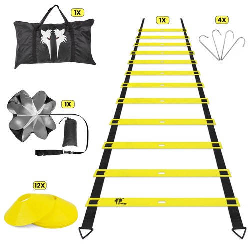 LYKAN FIT 20ft Sports Agility Ladder for Men Women and Kids, Speed Youth Soccer Agility Training Equipment for Football, Exercise, Tennis, Legs Workout with Speed Parachute with, Cones and Carry Bag