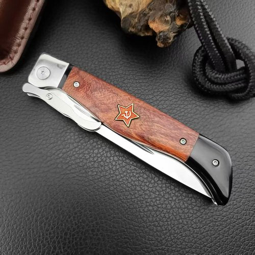 Tongedge Folding knives Tactical Knife, 440C Steel 4'' Blade, Wood Handle, 10.8'' Extended Length, With Leather Sheath