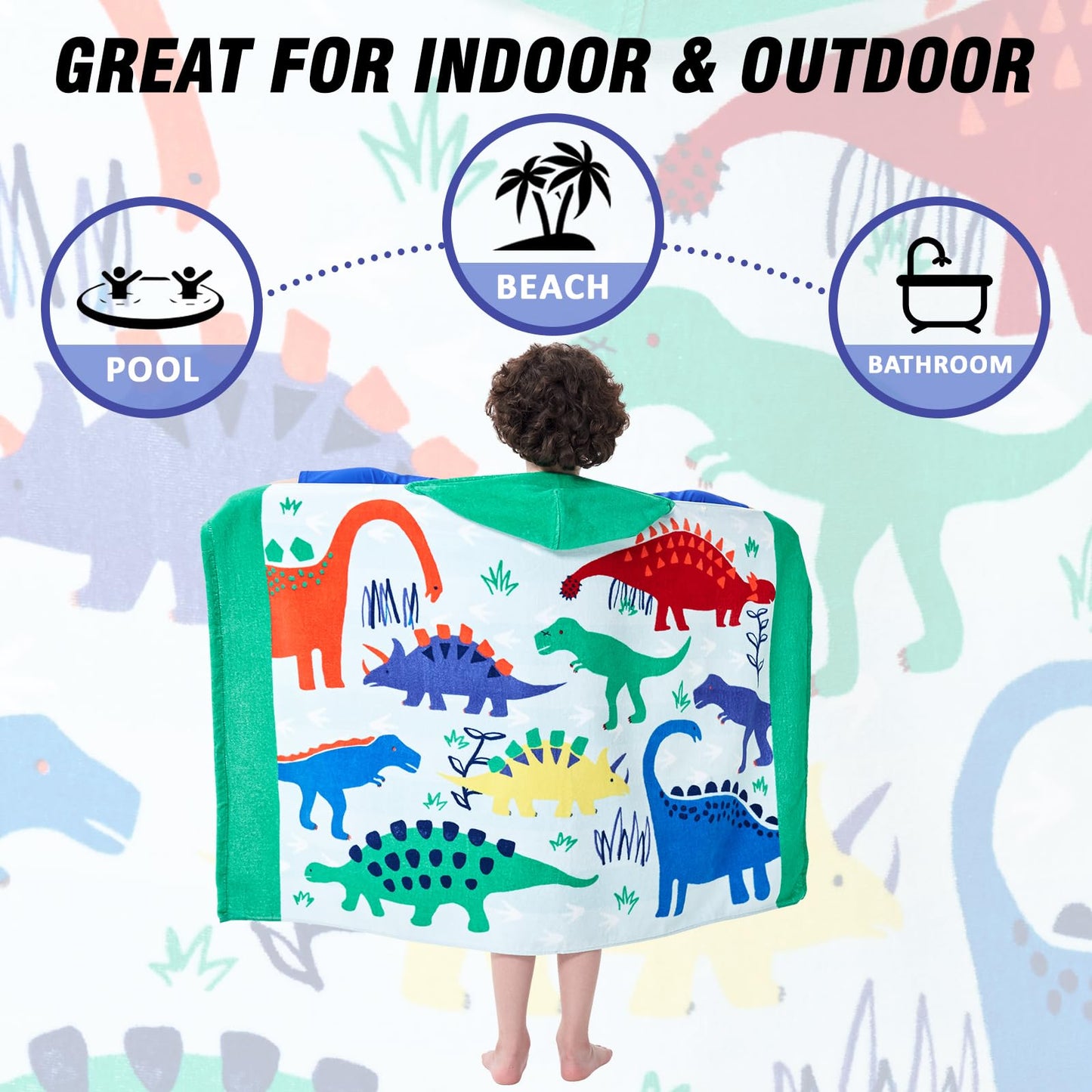 Bavilk Kids Bath Towels, Kids Towel Girls Boys Hooded Beach,Bathroom,Pool Swim Towels 30 × 50 INCH Large Size Ultra Absorbent Cute Cartoon Animal Full Vitality 100% Cotton Dinosaur Towel| Dino