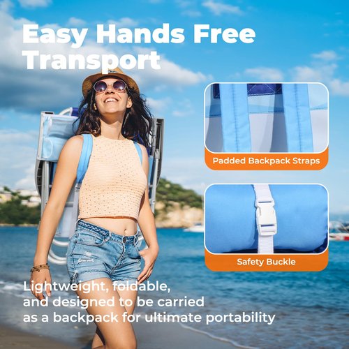 Low Beach Chairs for Adults 2 Pack– 5-Position Reclining Backpack Chair with Large Insulated Cooler & Storage Pocket, Aluminum Frame, Portable for Travel & Outdoor, Supports 300lbs, Wave Blue