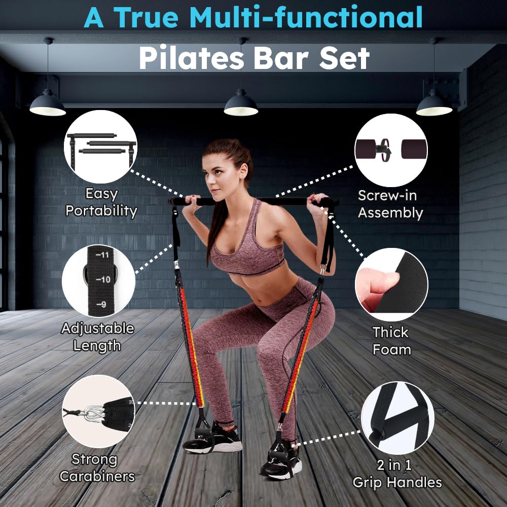 KARLUTX Pilates Bar Kit with Resistance Bands (10 Units) | Portable Home Gym | Booty Bands, Jump Rope & Full-Body Workout Equipment | Dedicated Video Channel