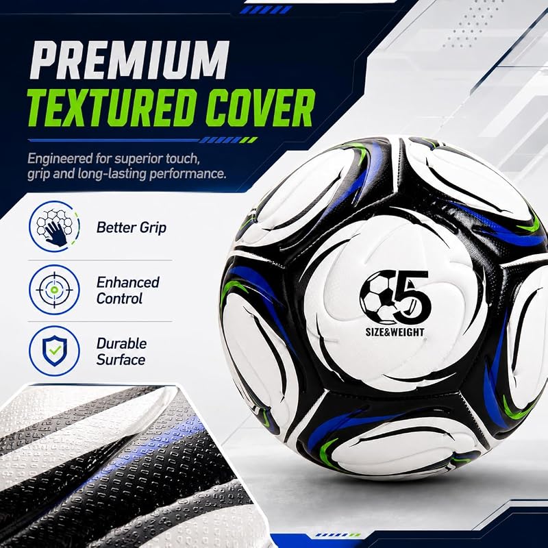 Soccer Ball Size 5 with Pump - Durable Indoor/Outdoor Training Ball, White with Black Panels