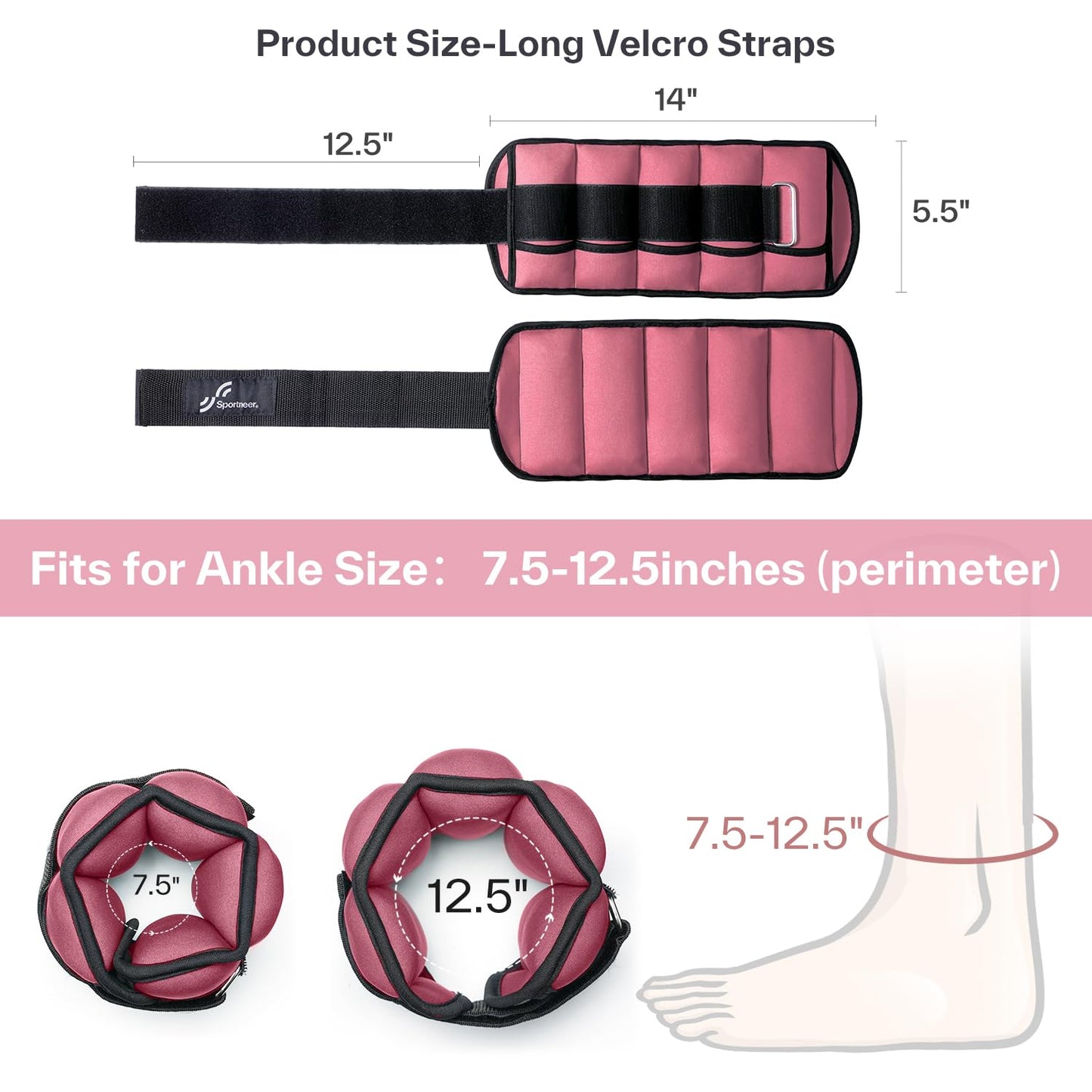 Sportneer Adjustable Ankle Weights Set - 1 Pair (2-10 lbs) Removable Sandbags for Women & Men, Comfortable Neoprene Leg Weights for Walking, Running, Pilates, Yoga, Home Workout & Physical Therapy