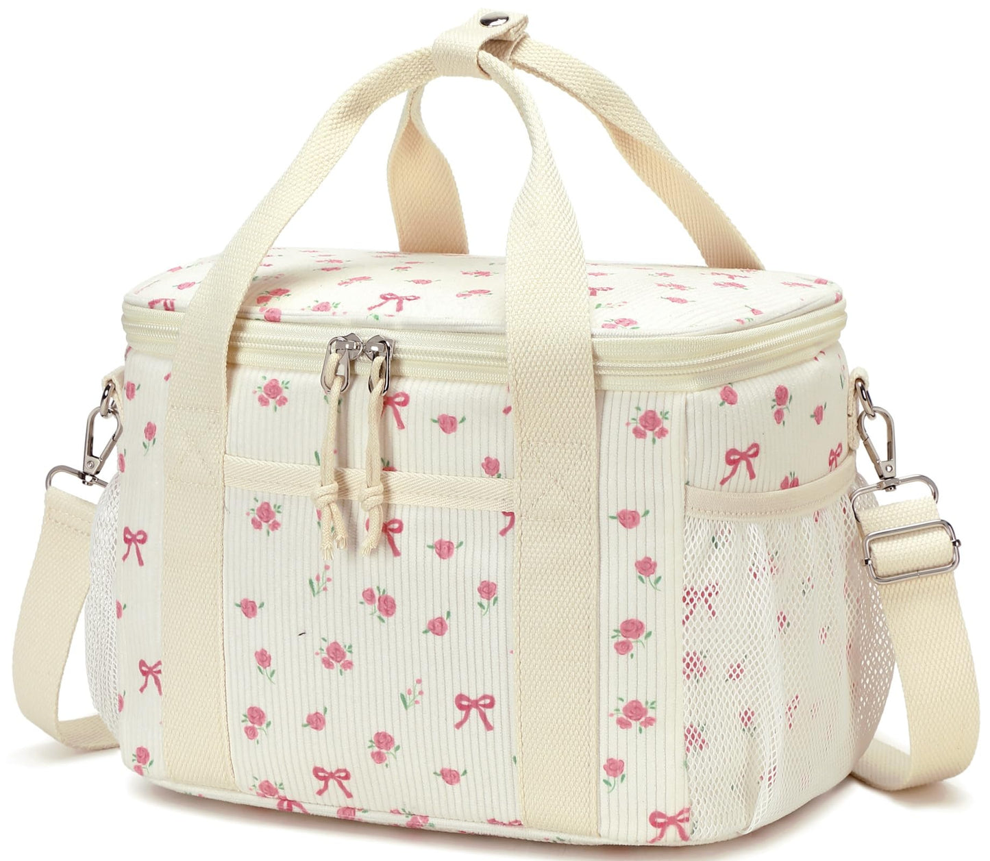 BTOOP Insulated Lunch Box for Women, Cute Leakproof Lunch Tote, Large Capacity Aesthetic Lunch Bag Girls with Shoulder Strap for Work, School, Picnic Pink Bow Floral
