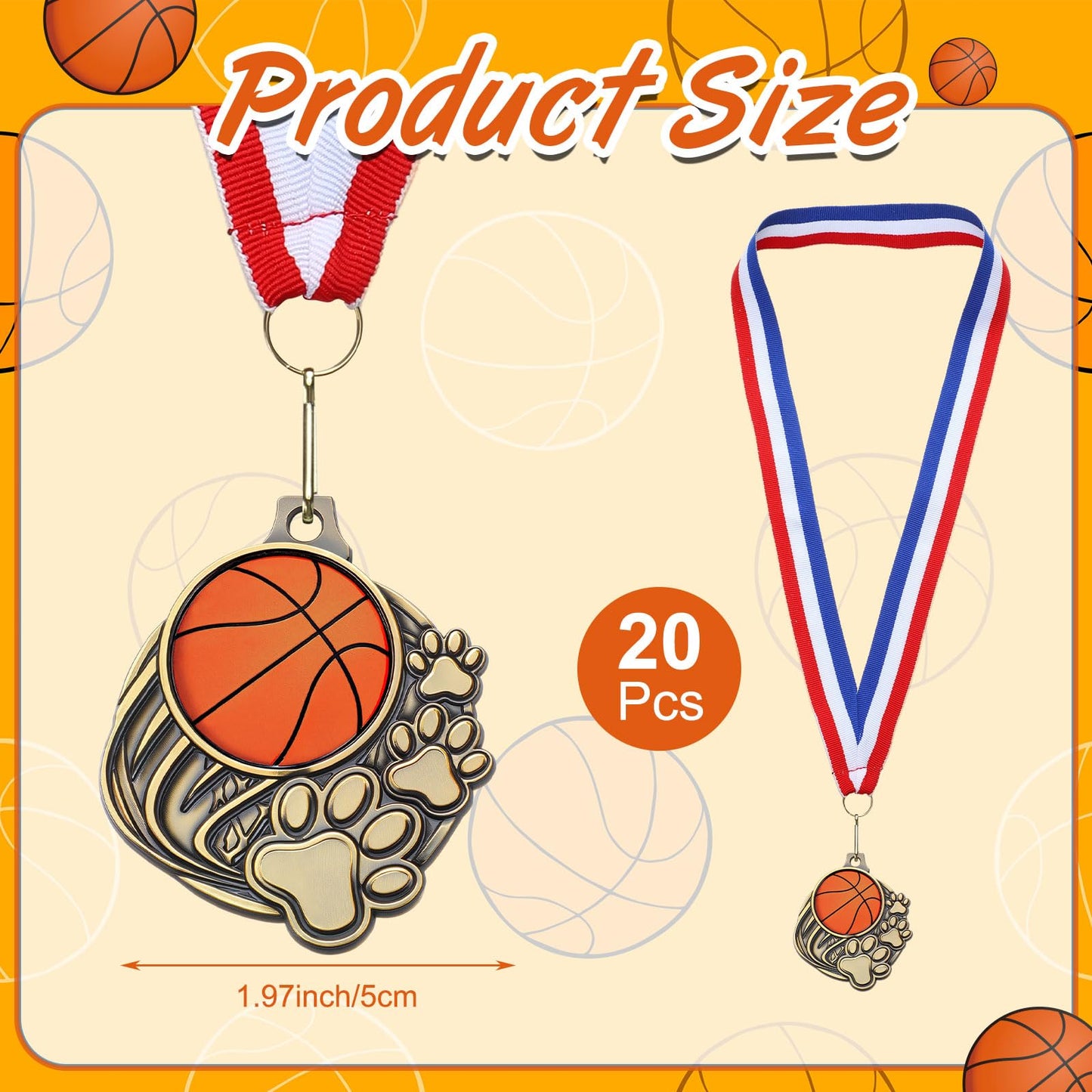 Trnayi 20 Pcs Basketball Paw Print Medals with Neck Ribbons 2'' Gold Medal for Awards Winner Encourage Team Participation for Kids Adults Trophy Award Prize Gift Team Competitions Party Favor Gifts