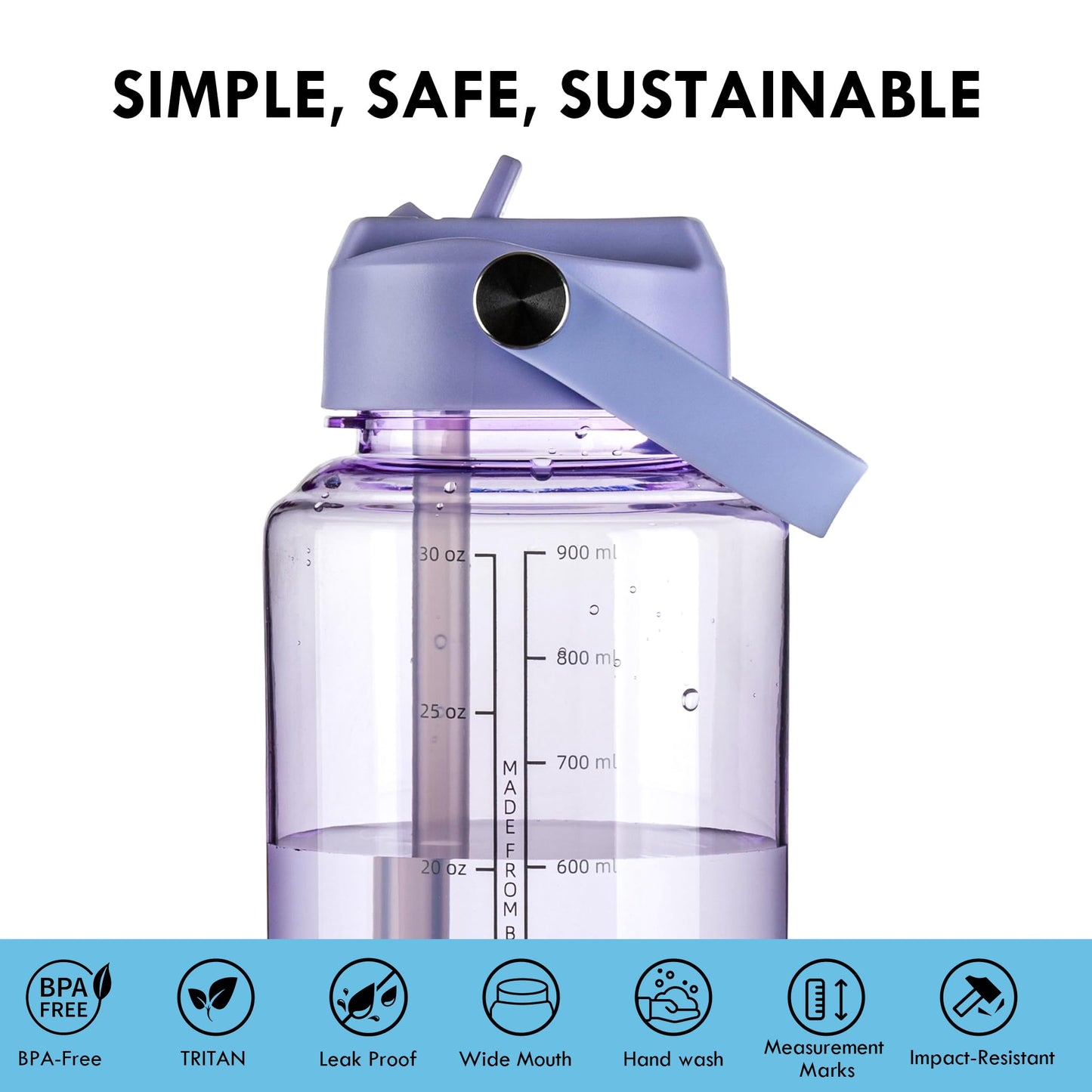 OLDLEY 32oz Water Bottle with Straw,Leakproof Tritan Clear Bottle with Marked Bottle and Carry Handle,BPA-Free Wide Mouth Reusable Sports Water Bottle for Gym,Hiking,Camping,Travel,Workout,Lilac Mist