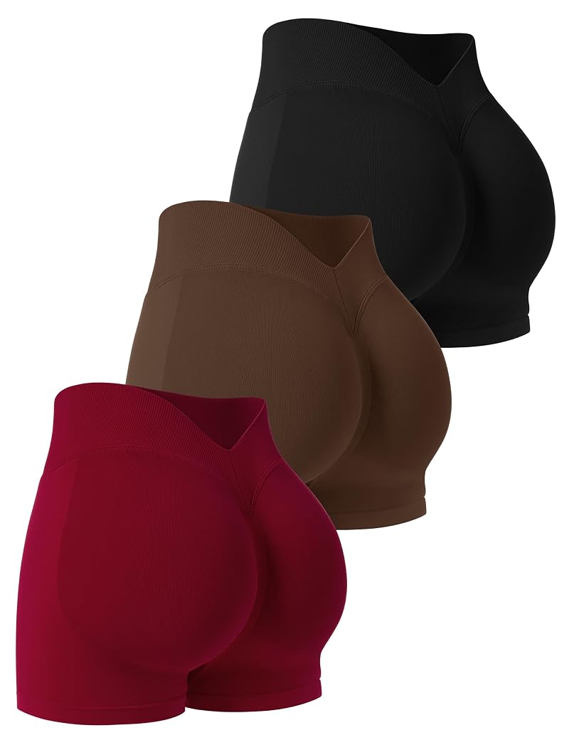 3 Pack Workout Shorts Women Scrunch Butt Lifting High Waist V-Cut Back - Black Brown Red (Size Up for Comfort) Niipty