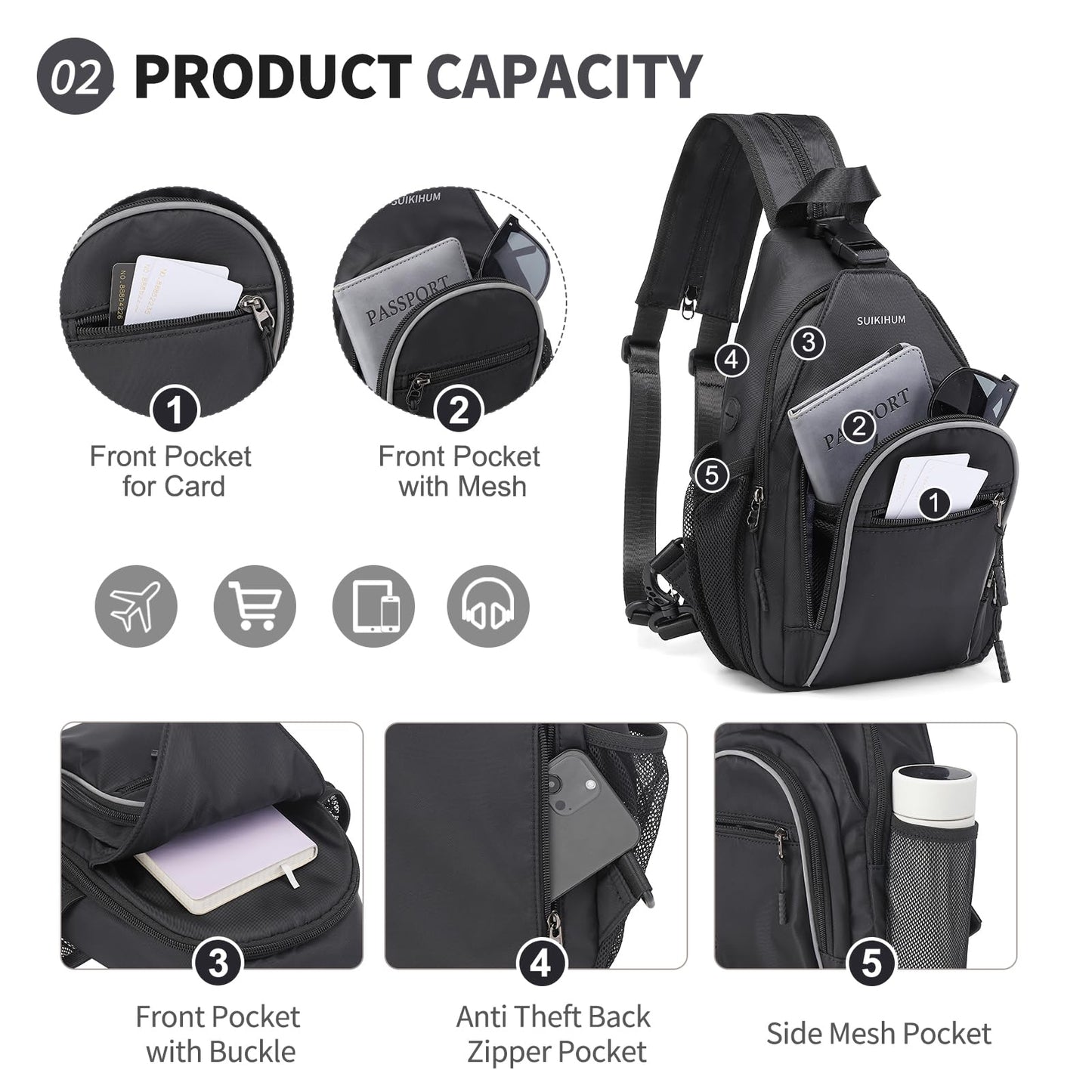 SUIKIHUM Crossbody Sling Bag with Water Bottle Holder, 8.3" Convertible Small Backpack Anti Theft Daypack, Chest Fanny Pack for Men Women, Black
