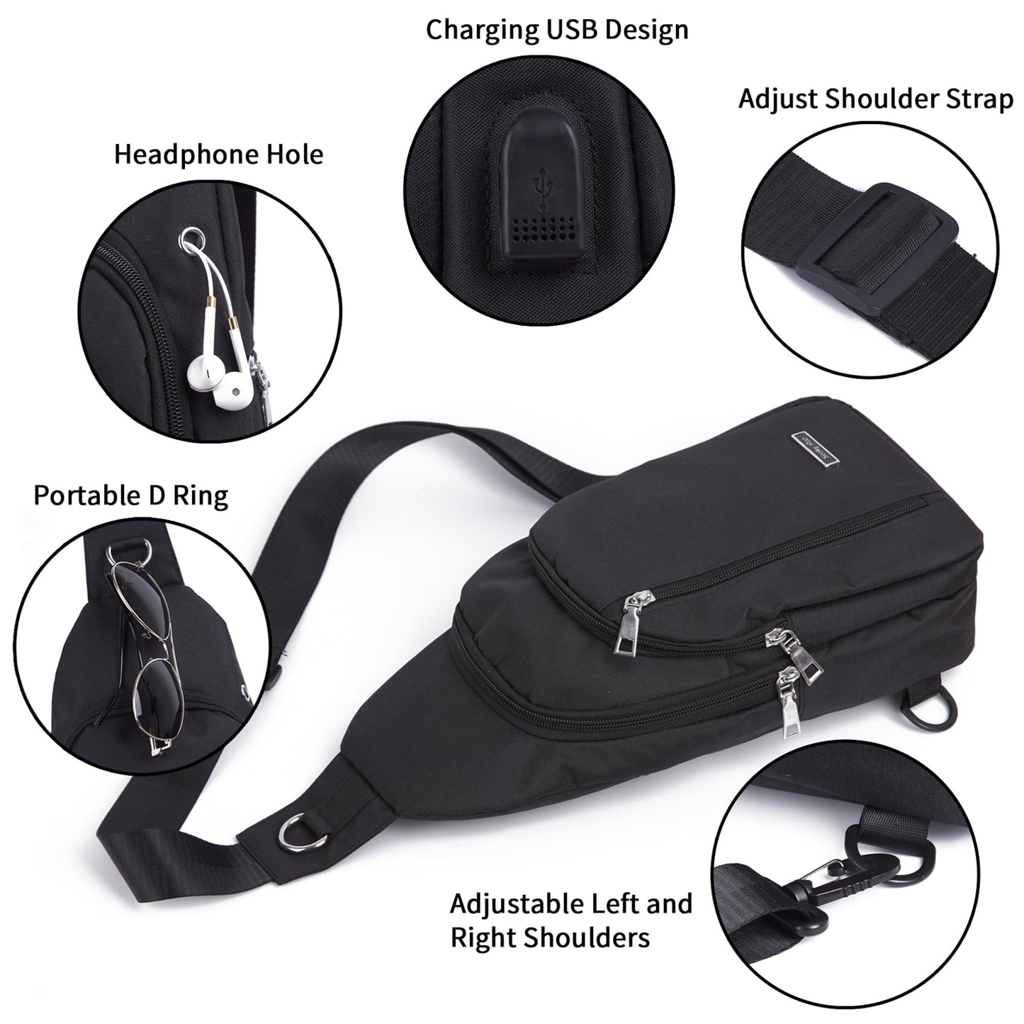 Seoky Rop Small Sling Bag for Men Women One Strap Shoulder Crossbody Backpack with USB Charging Port for Hiking Cycling Travel Black