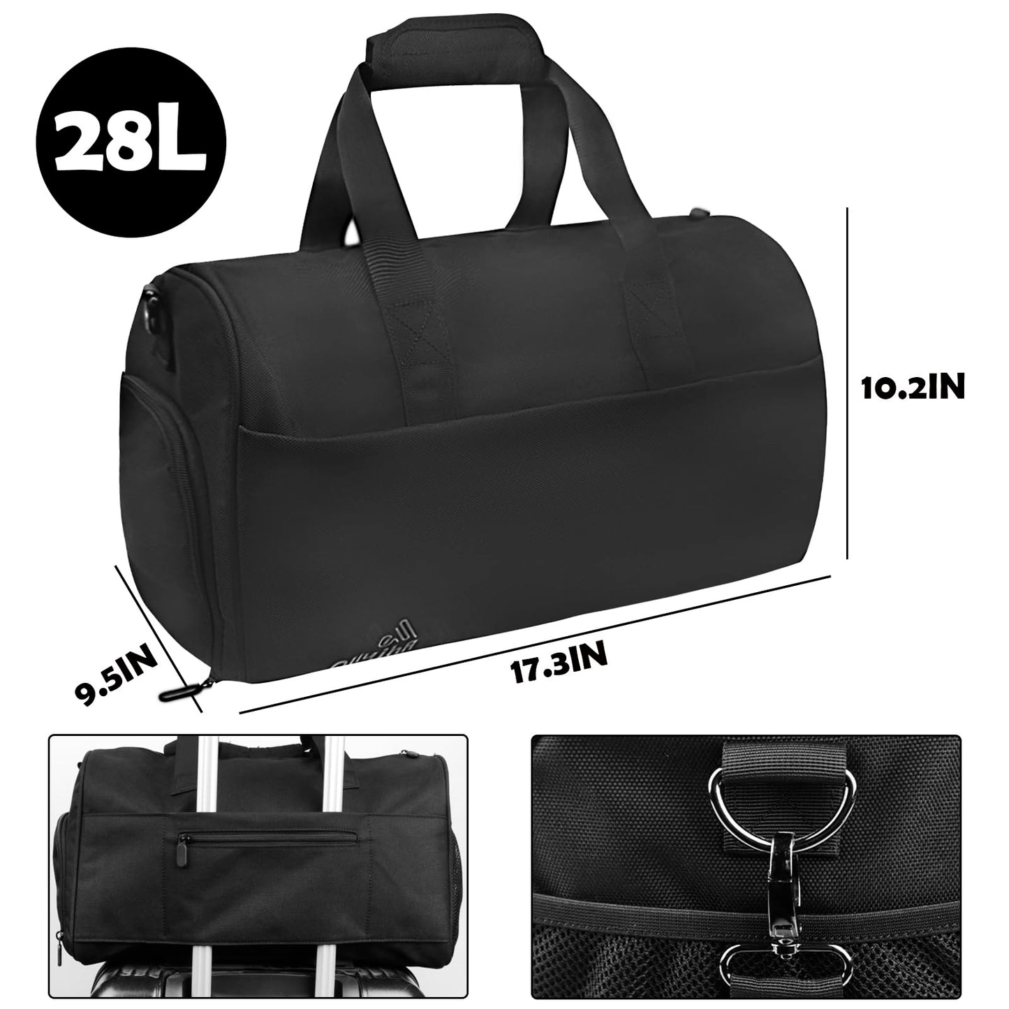OLLUJHA Gym Bag for Men Women, Duffle Bag with Shoe & Laptop Compartment, Waterproof Fitness Workout Sports Bag for Travel Overnight Weekend Swimming Yoga (Black, 42x25x20cm)