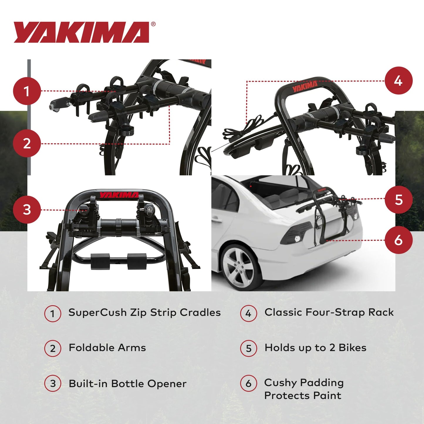 Yakima Fullback 2 Bike Capacity Trunk Bike Strap Rack with 4 Strap Attachment, SuperCrush ZipStrips, Bomber External Frame, and Bottle Opener, Black