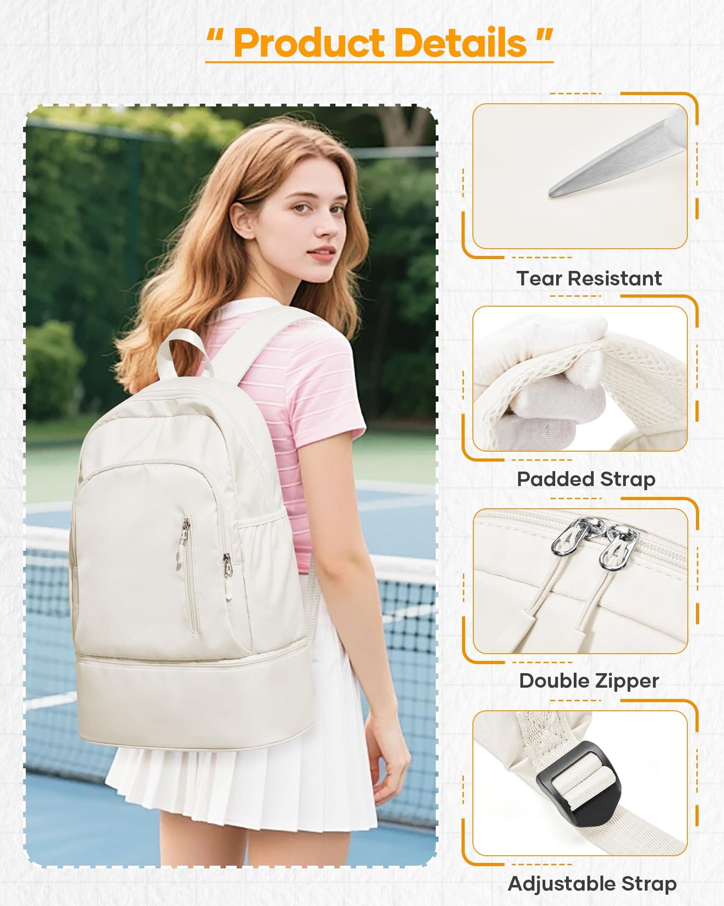 SEAFEW Small Gym Backpack for Women Men, Waterproof Gym Track Bag with Expandable Shoe Compartment, Lightweight Mini Casual Daypack Sports Back Pack for Travel Hiking Dance Yoga Fitness Track, White