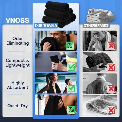 Vnoss Microfiber Gym Towels for Working Out, Quickly Dry Yoga Towels for Men & Women Tennis, 16 Inch x 27 Inch, 6 Pack, Black