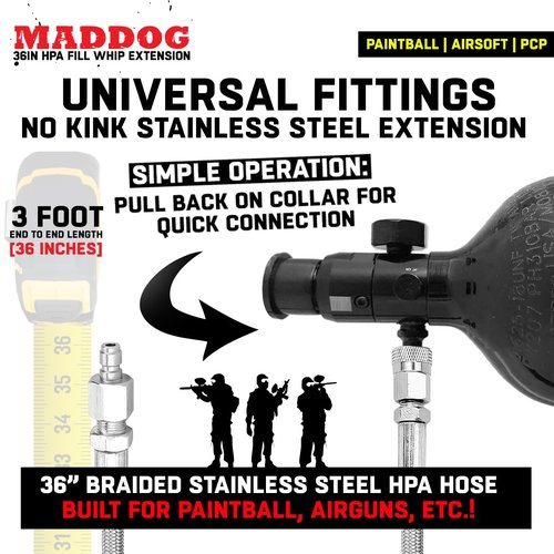 Maddog Paintball Airsoft Fill Whip Hose Extension 4500 Psi PCP - 36 inch Stainless Steel Charging System