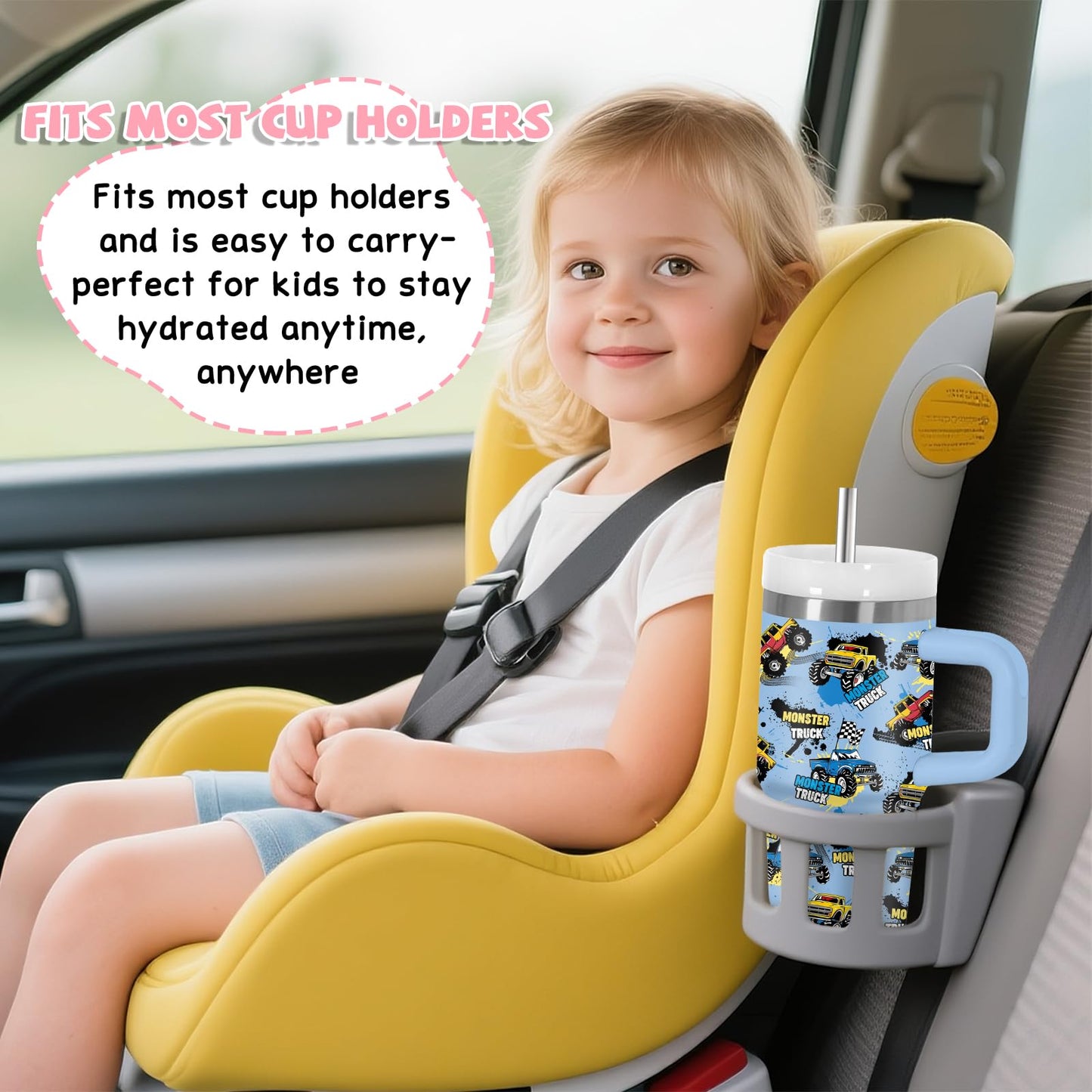 Hiboss 14 oz Monster Truck Tumbler with Handle and Straw for Kids, Insulated Stainless Steel Travel Mug for Boys, Double Wall Vacuum Reusable Cup, Birthday Gifts for Boys