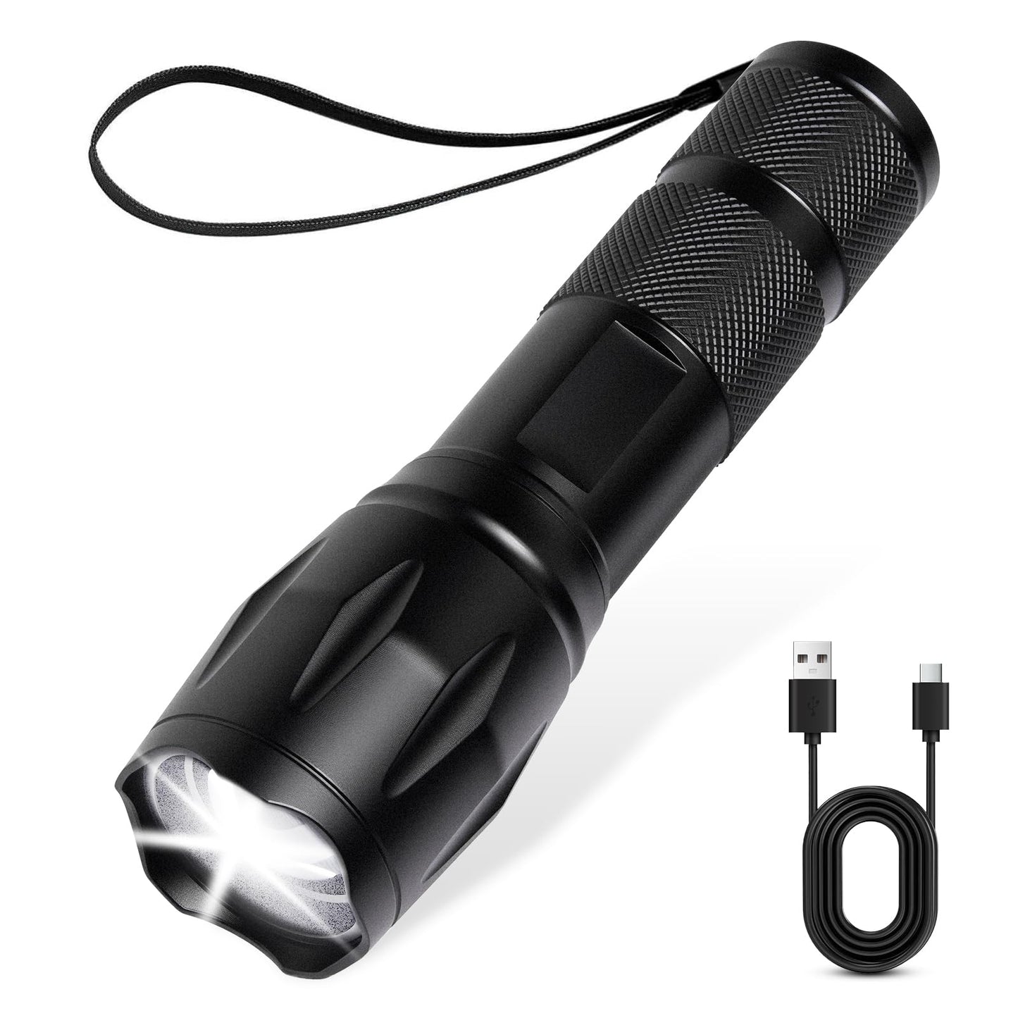 JINIU Rechargeable LED Flashlight, Bright Tactical Torch High Lumens, White Light, Waterproof Handheld Zoomable Flash Light, Gifts for Men, Hunting Camping Essentials Gear