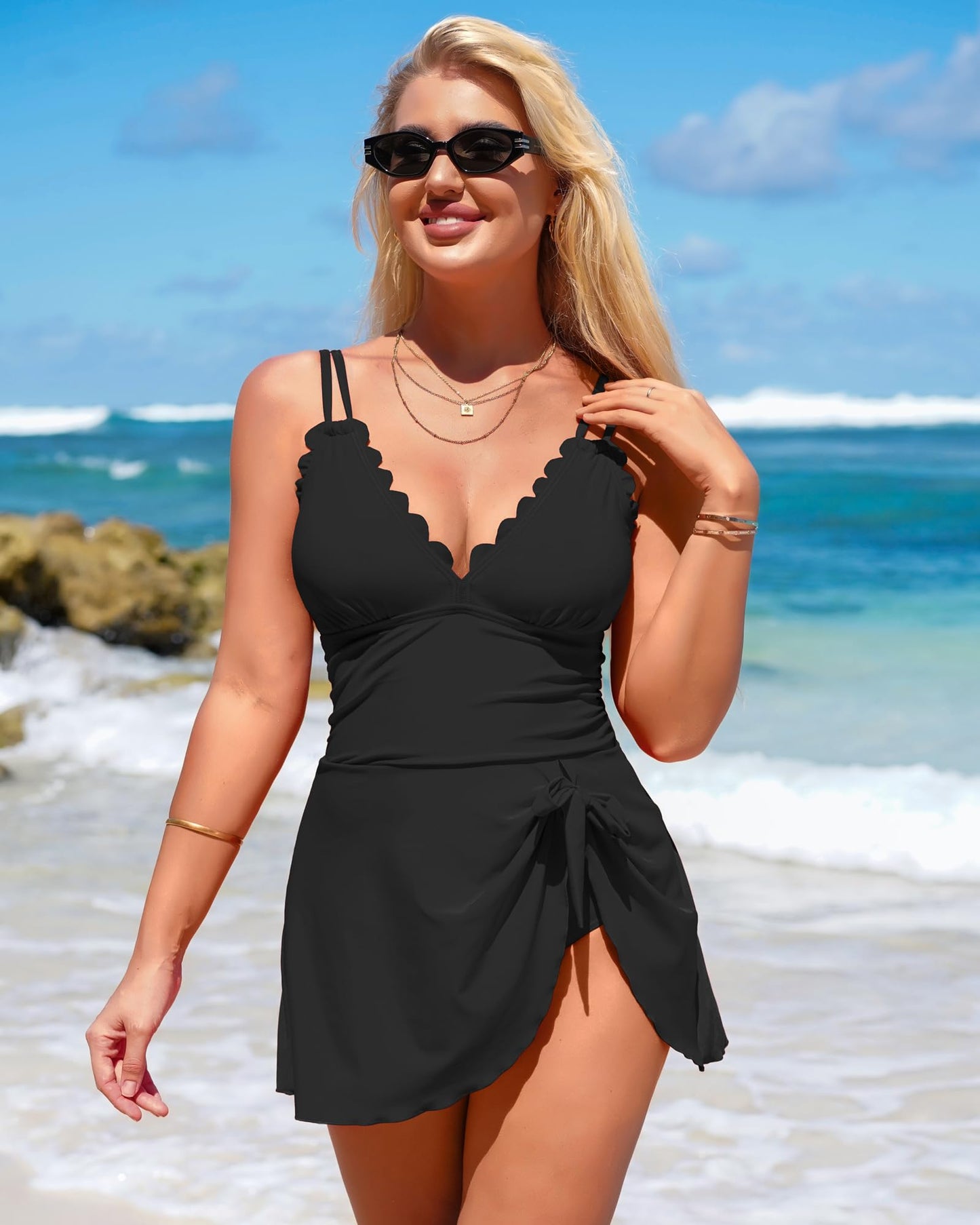 Charmo One Piece Swimdress Swimsuit for Women Tummy Control Swimdress Skirt Bathing Suit Scalloped Swimwear Black M