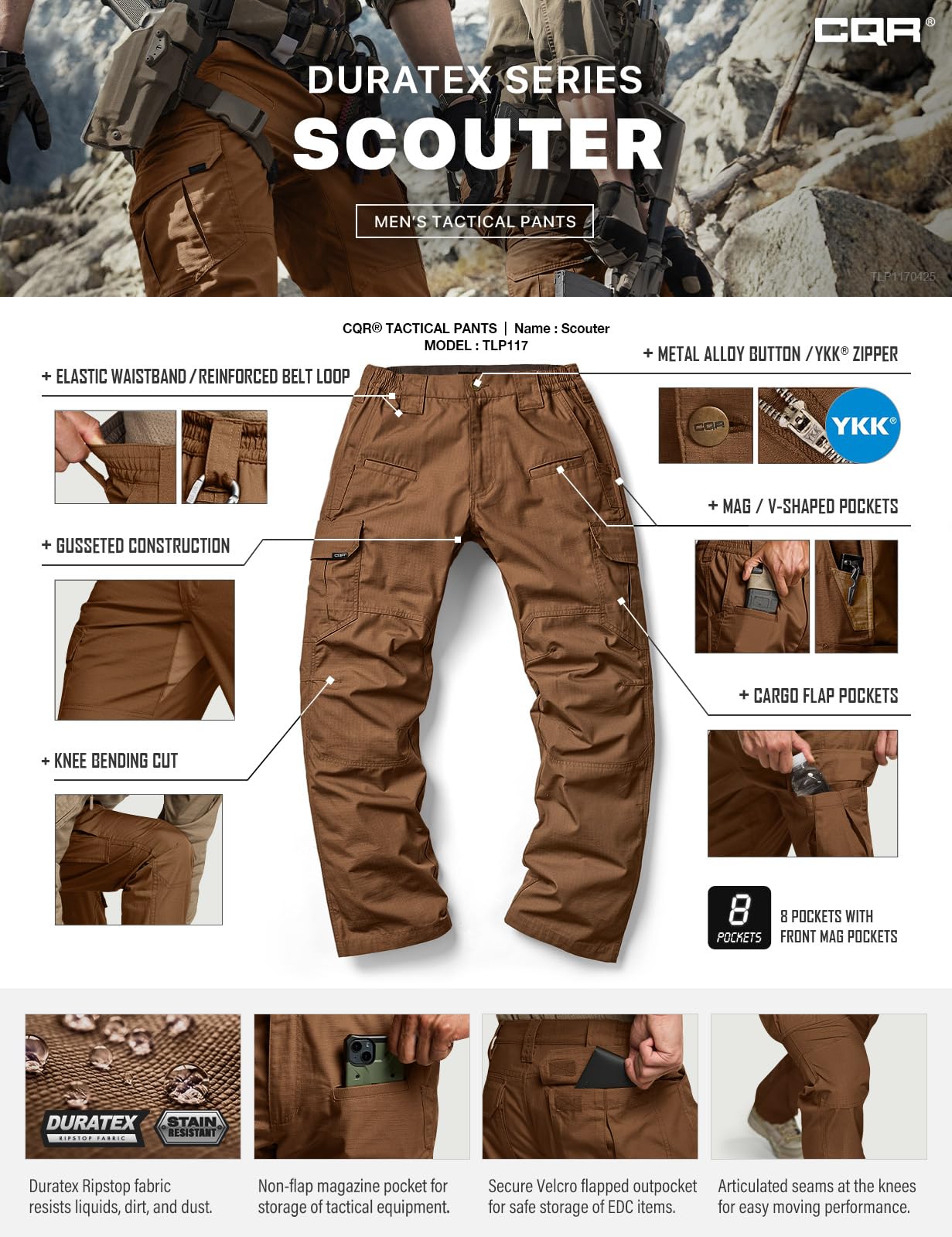 CQR Men's Tactical Pants, Water Resistant Ripstop Cargo Pants, Lightweight EDC Work Hiking Pants, Outdoor Apparel, Raider Copper Brown, 44W x 32L