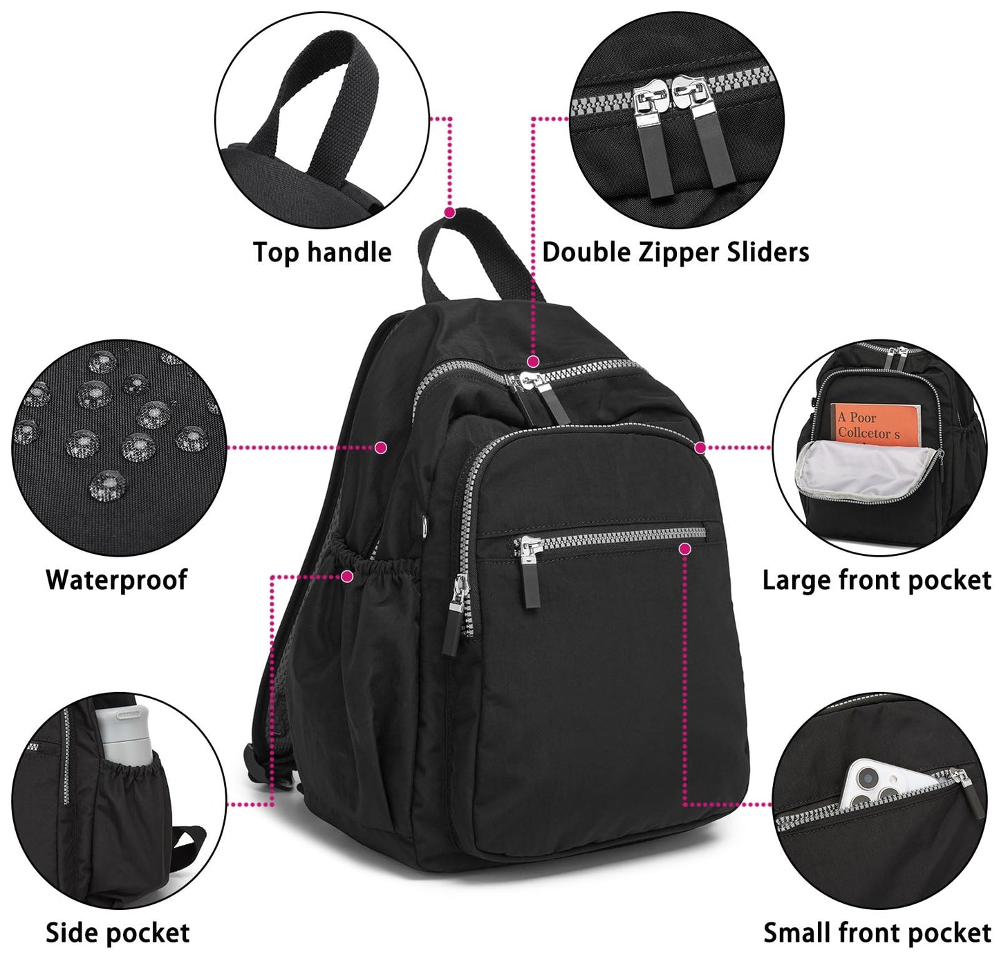 DOKUDOKU Small Nylon Backpack Mini Casual Daypack Lightweight Backpack for Women (BLACK)