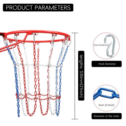 Basketball Net Replacement Heavy Duty, Carbon Steel Chain Basketball Net, Anti-Rust Use Indoor Outdoor Standard 12-Ring Basketball Hoop, Quick Installation