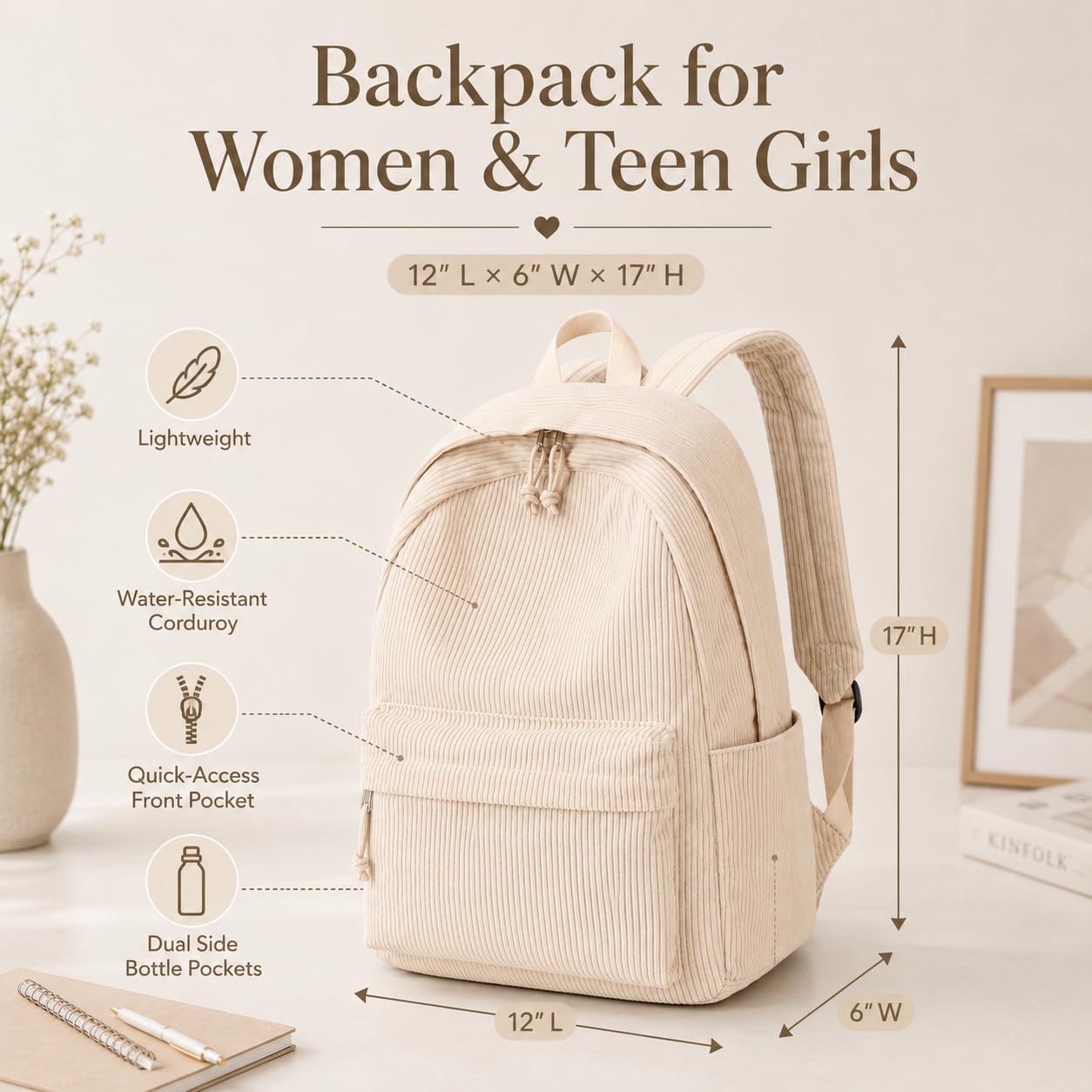 BTOOP School Backpack for Teens Large Corduroy Bookbag Lightweight 15.6 inch Laptop Bag for Girls Women Casual High School College