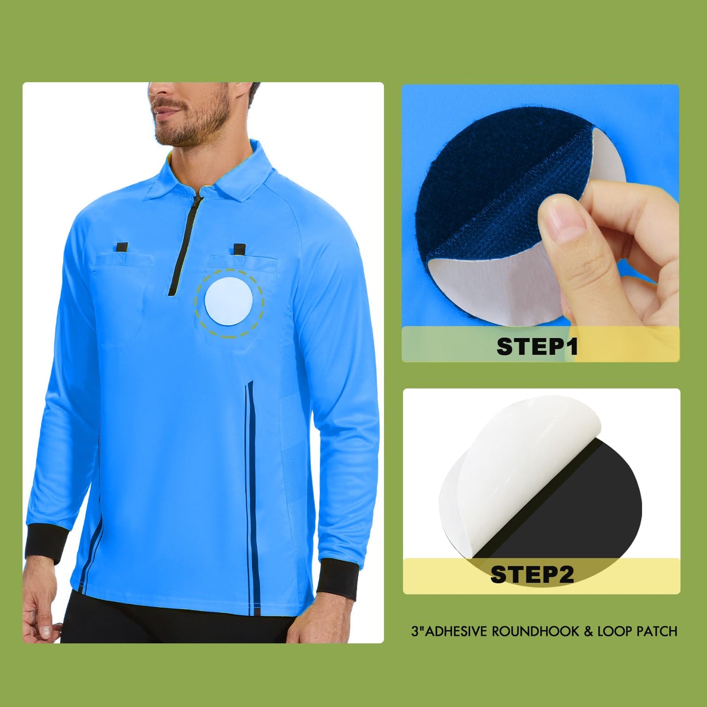 Soccer Referee Shirt Jersey kit Long Sleeve Pro Ref Costume Umpire Uniform with 3 Pcs Replace 3" Round Adhesive Hook & Loop Badge Holder, Referee Wallet with Red Card and Yellow Card Blue S