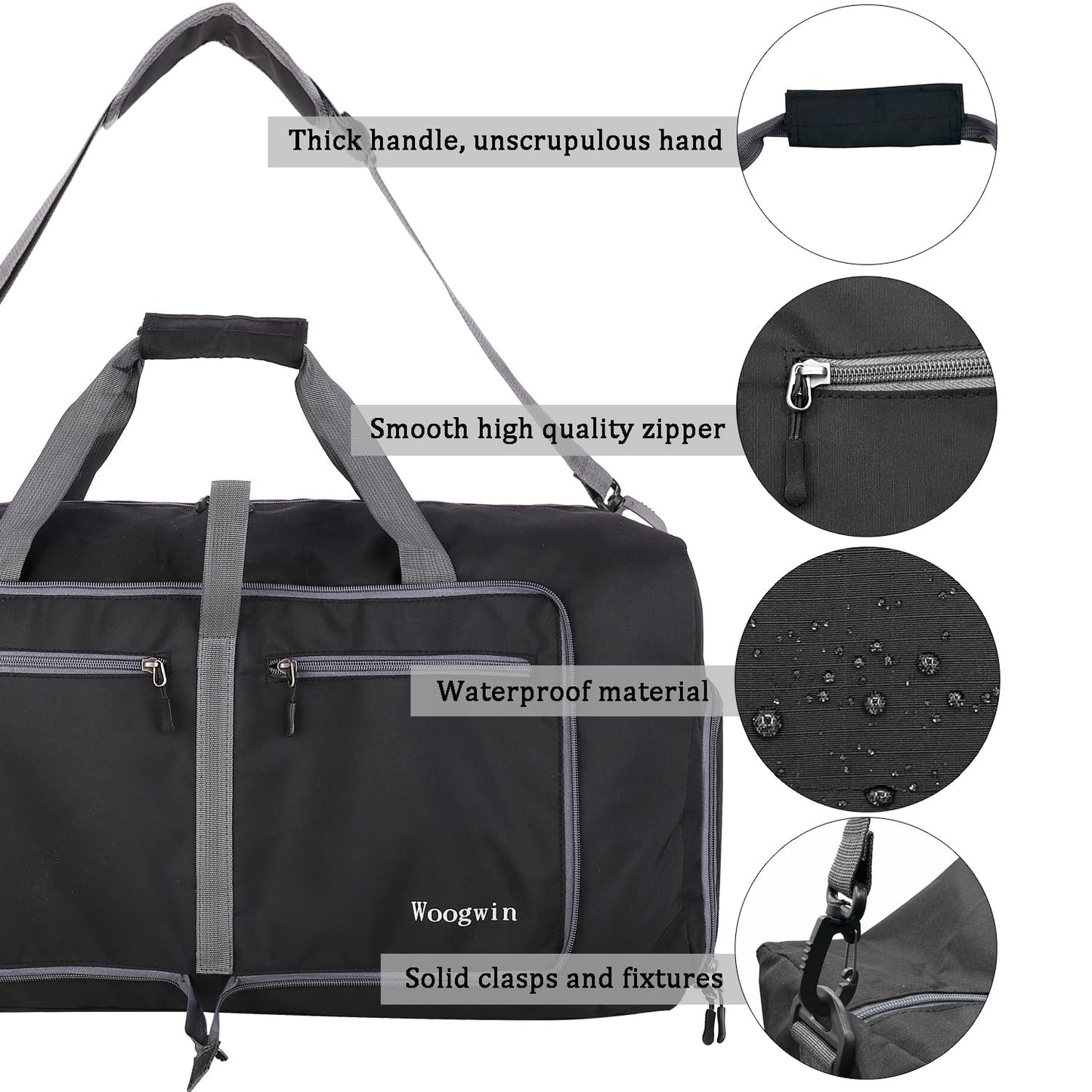 Woogwin Travel Duffel Bag Large Foldable Waterproof Overnight Bag for Beach Swim Bags Pool Sports Gym (60L SnowBlack)