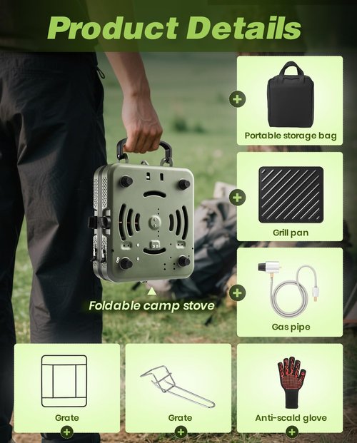 Saker 2 Burner Propane Camping Stove with Grill: Foldable Portable Camp Stove with Carry Bag - Adjustable Burners Camping Grill for BBQ Tailgating Gear - Backpacking Outdoor Cooking