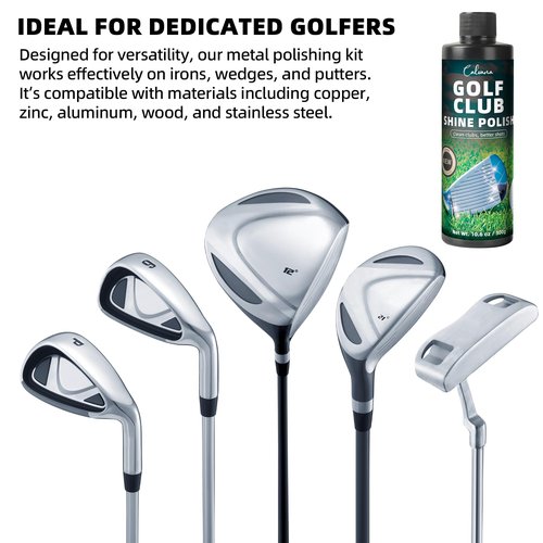 Calvana 10.5oz Golf Club Polish & Cleaner Kit, Instant Rust & Scratch Remover with 2 Stainless Steel Golf Cleaning Brushes & Microfiber Towel, Works on Drivers, Irons, Putters, Wood, Restores & Shines
