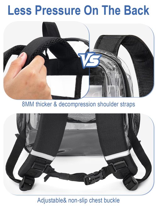 QOECI Heavy Duty Clear Backpack For Women Men Boys Girls, 17 Inch Large See Through Backpack, 360° 3M Reflective Strips Clear Bookbag, Transparent Bag For College Sport Work Travel Security, Black