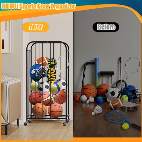 OJLUOJ Basketball Storage Rack Metal Ball Holder with Wheels, Elastic Rope Sports Equipment Organizer for Garage, Room, Home, Gym and School Rolling Sports Ball Storage Cart