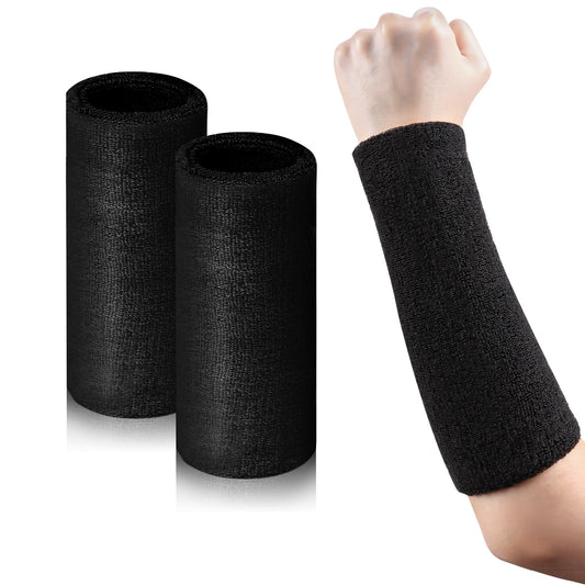 2 Pcs 9 Inch Long Wristbands Sweatbands Black Large Sweat Bands Wristbands Wrist Sweatbands Bulk Arm Sweat Bands for Men Women Weight Loss Football Workout (Black)