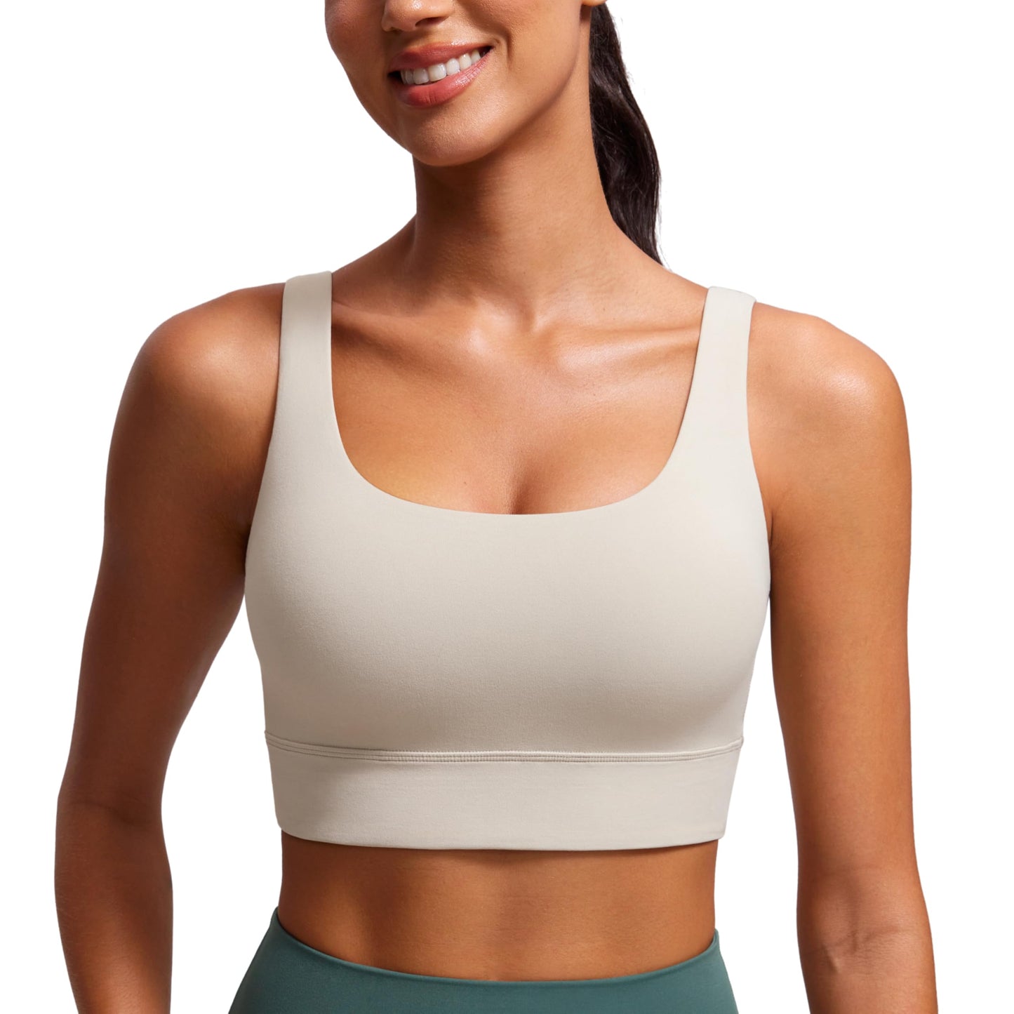 CRZ YOGA Butterluxe U Back Longline Sports Bras for Women - Scoop Neck Padded Yoga Workout Crop Top with Built in Pads Mojave Tan Large