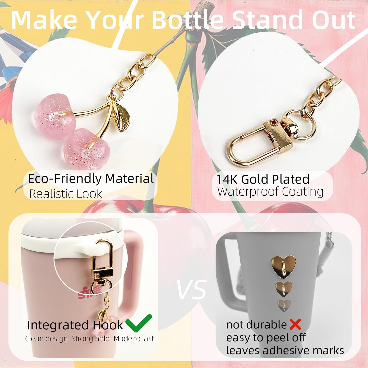 BydGxy Stanley Cup Accessories Set for 30 oz, 40 oz, 20 oz Tumbler, Includes Straw Cover, Water Bottle Handle Strap, and Cherry Charm, Compatible with Pink & Purple Stanley Cup